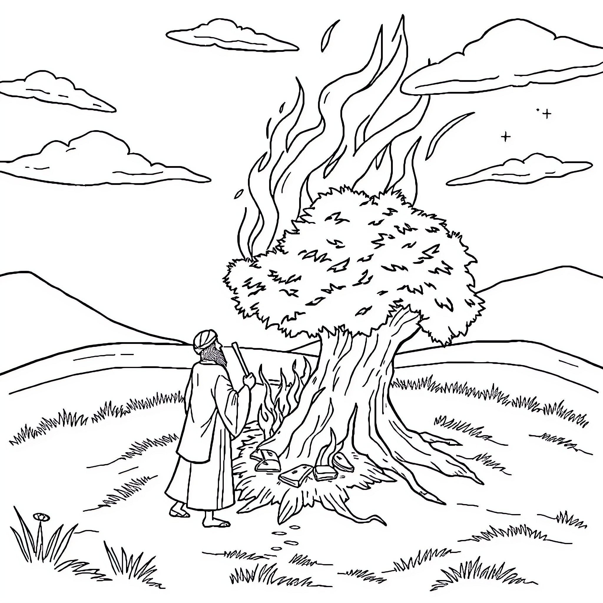 Bush burning in a serene countryside Coloring Page (free black-and-white line drawing printable PDF for all, from beginners to advanced learners, including children, teens, adults, and seniors)
