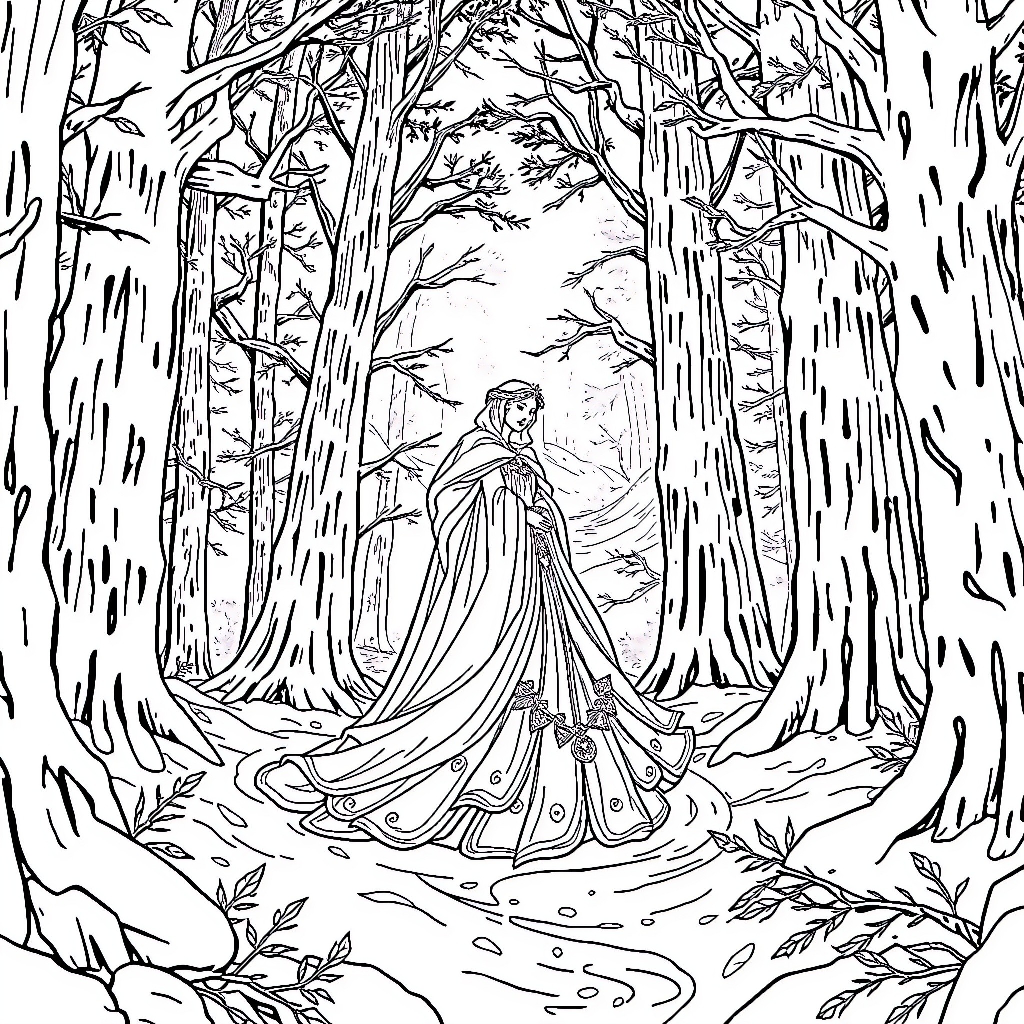 Queen in Enchanted Forest Coloring Page (free black-and-white line drawing printable PDF for all, from beginners to advanced learners, including children, teens, adults, and seniors)