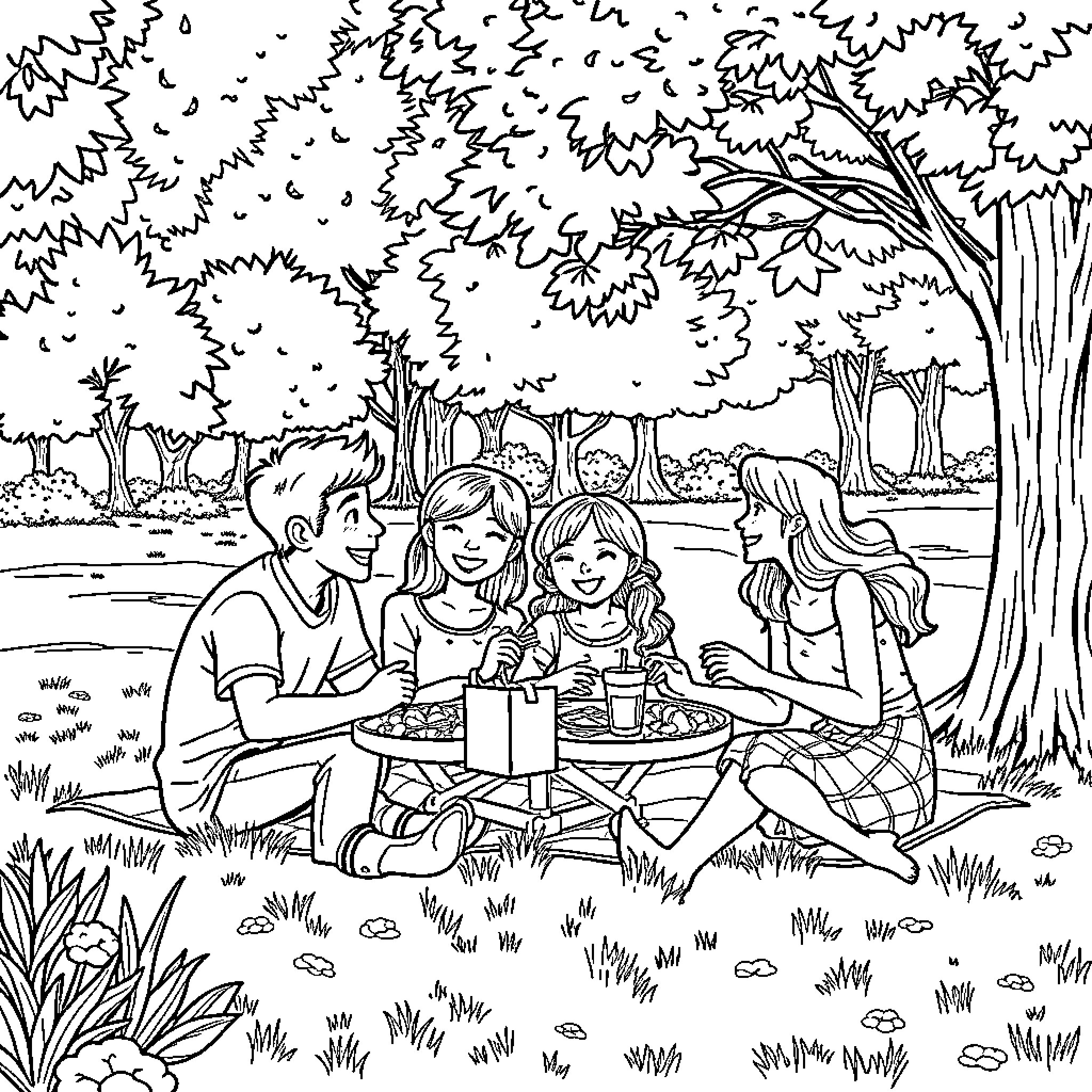 Family Enjoying a Picnic in the Park Coloring Page (free black-and-white line drawing printable PDF for all, from beginners to advanced learners, including children, teens, adults, and seniors)