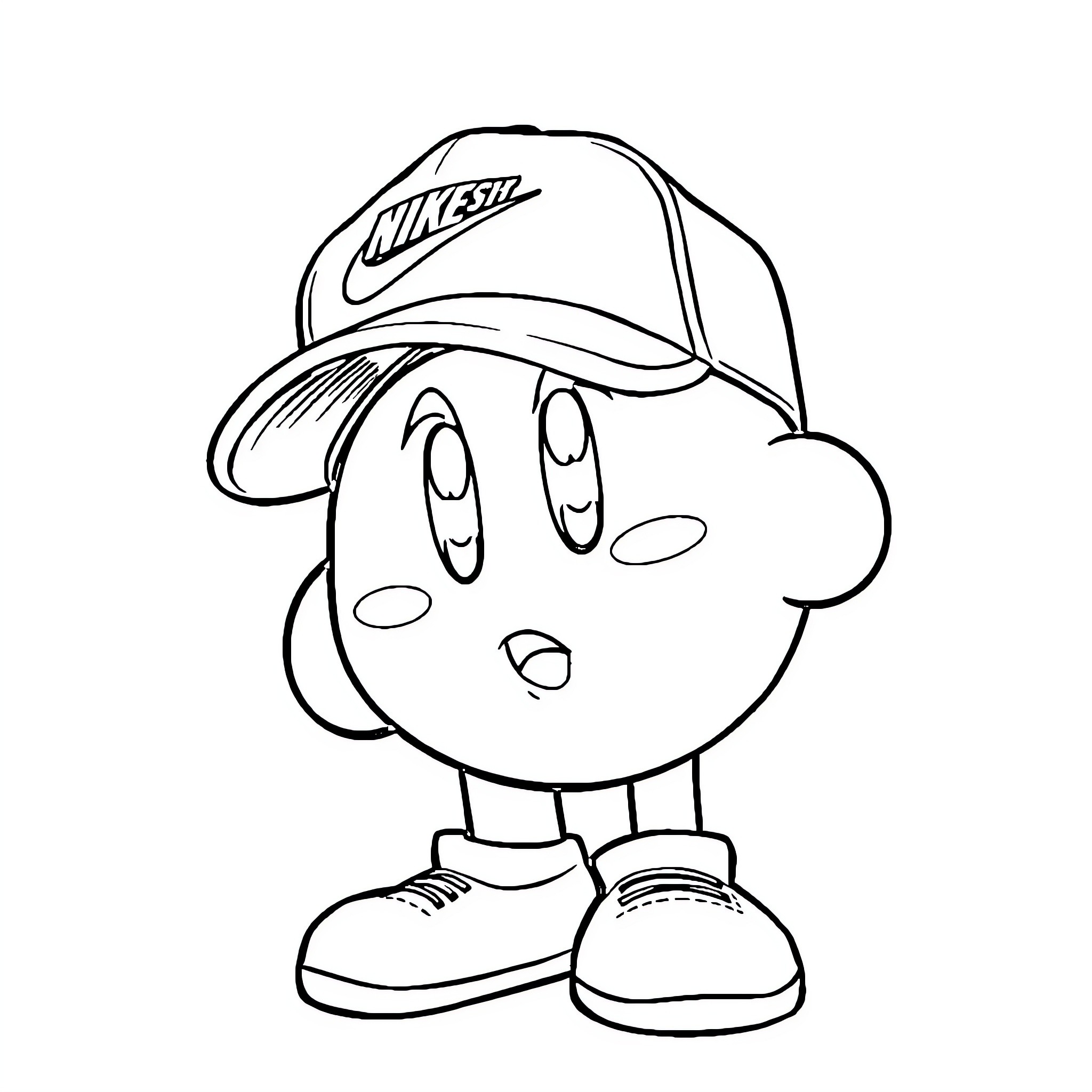 Kirby in a baseball cap with a cheerful expression Coloring Page (free black-and-white line drawing printable PDF for all, from beginners to advanced learners, including children, teens, adults, and seniors)