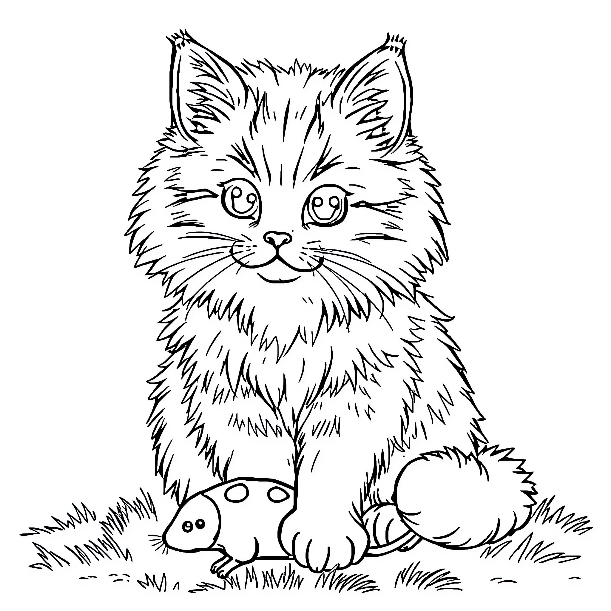 Cat playing with ladybug in field Coloring Page (free black-and-white line drawing printable PDF for all, from beginners to advanced learners, including children, teens, adults, and seniors)