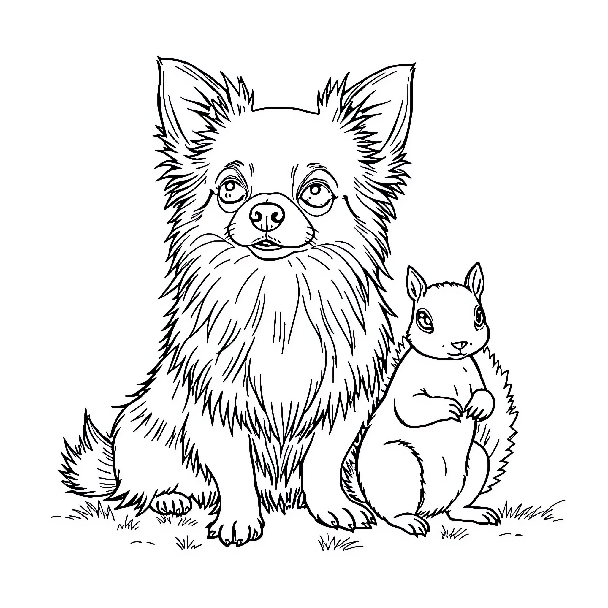 Chihuahua and Squirrel in Playful Interaction Coloring Page (free black-and-white line drawing printable PDF for all, from beginners to advanced learners, including children, teens, adults, and seniors)