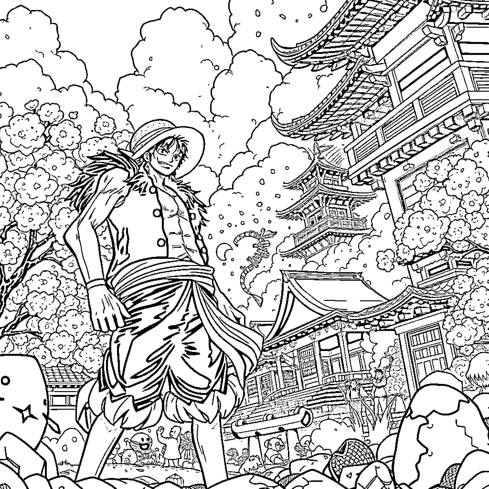 Luffy exploring the vibrant Japanese scenery Coloring Page (free black-and-white line drawing printable PDF for all, from beginners to advanced learners, including children, teens, adults, and seniors)