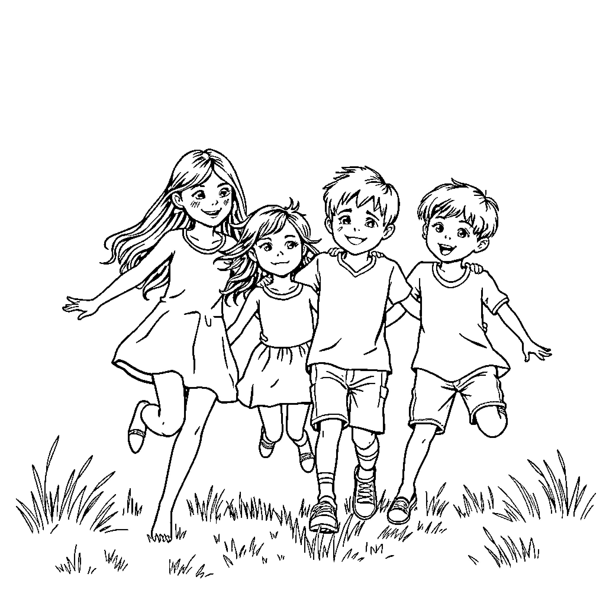 Children running and playing in the park Coloring Page (free black-and-white line drawing printable PDF for all, from beginners to advanced learners, including children, teens, adults, and seniors)
