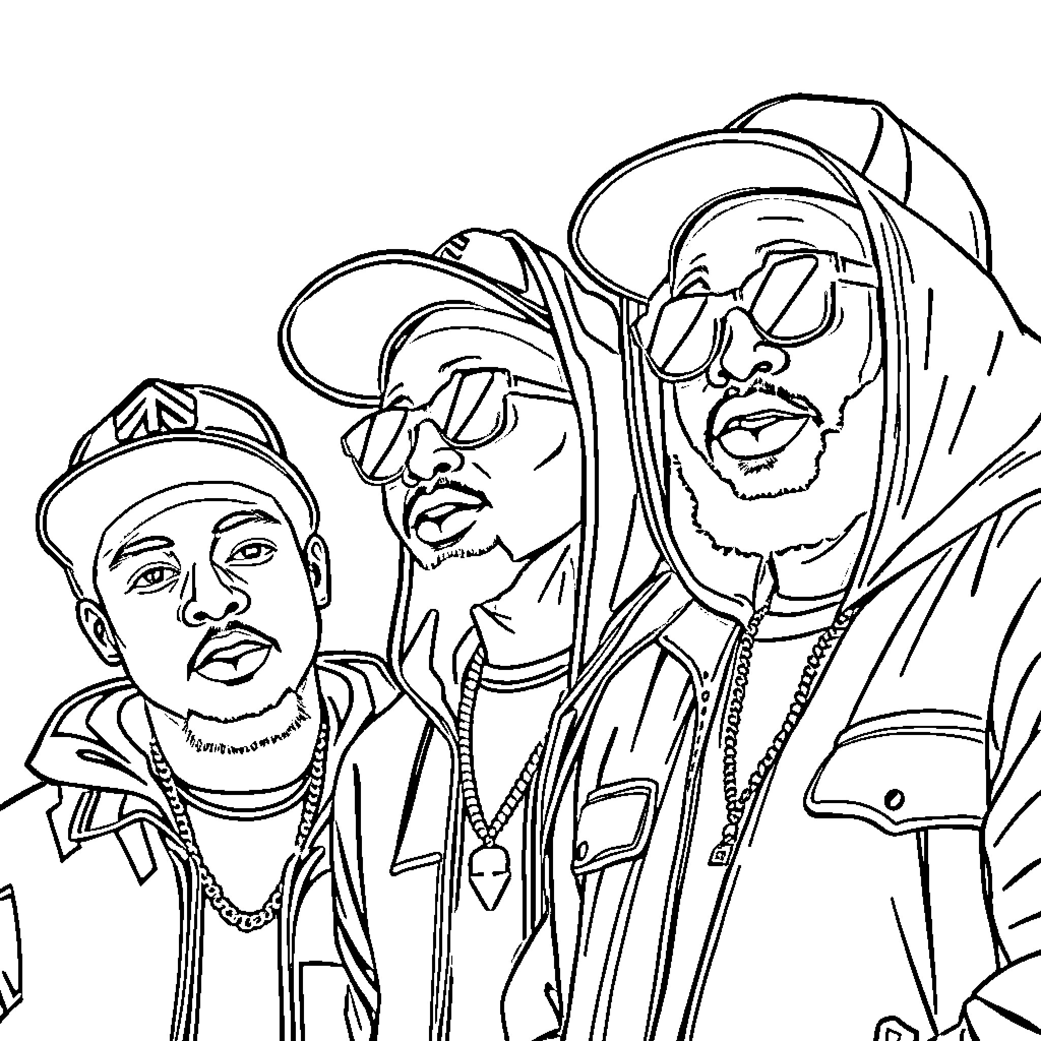 Pnl Group Portrait of Rappers in Hip-Hop Attire Coloring Page (free black-and-white line drawing printable PDF for all, from beginners to advanced learners, including children, teens, adults, and seniors)