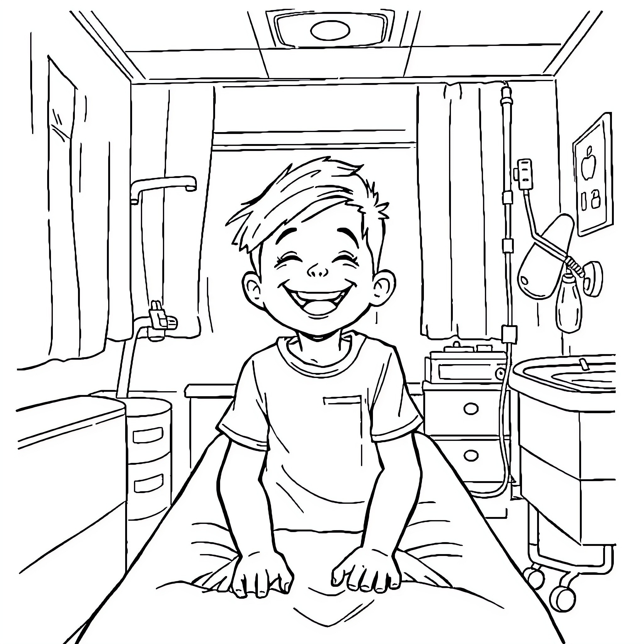 Enfant joyeux dans une chambre d'hôpital Coloring Page (free black-and-white line drawing printable PDF for all, from beginners to advanced learners, including children, teens, adults, and seniors)
