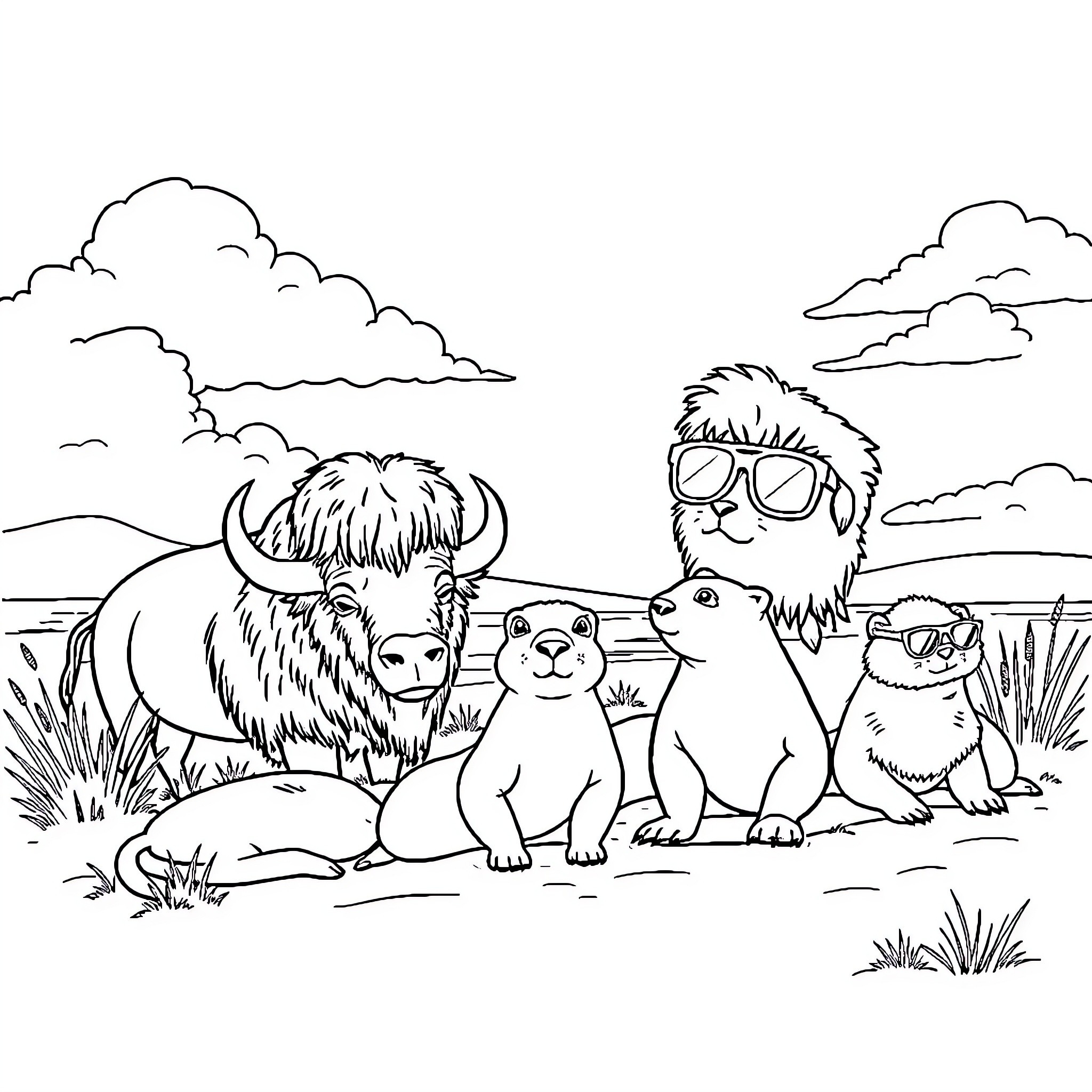 Animal friends exploring the outdoors Coloring Page (free black-and-white line drawing printable PDF for all, from beginners to advanced learners, including children, teens, adults, and seniors)