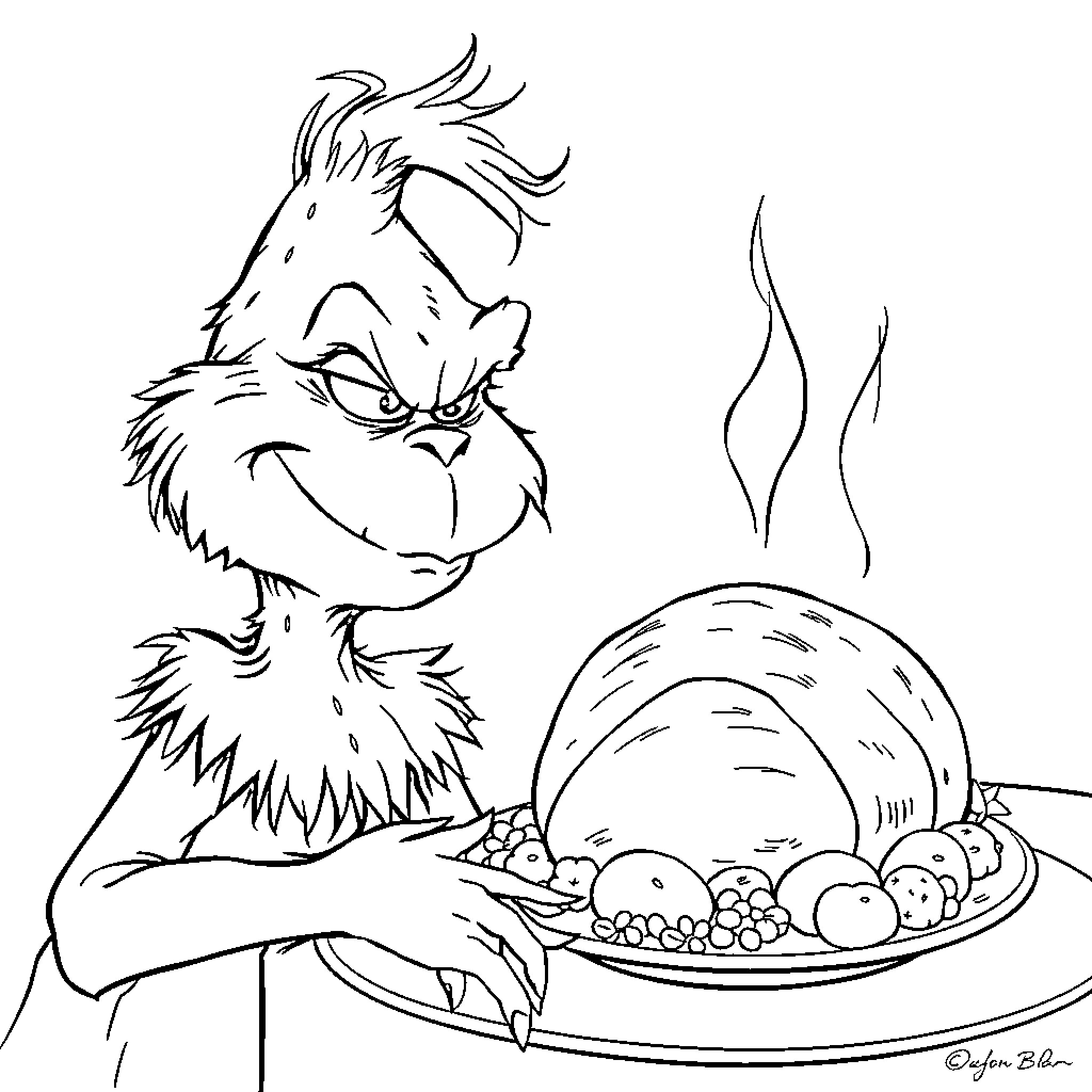 Grinch preparing a feast for the holidays Coloring Page (free black-and-white line drawing printable PDF for all, from beginners to advanced learners, including children, teens, adults, and seniors)