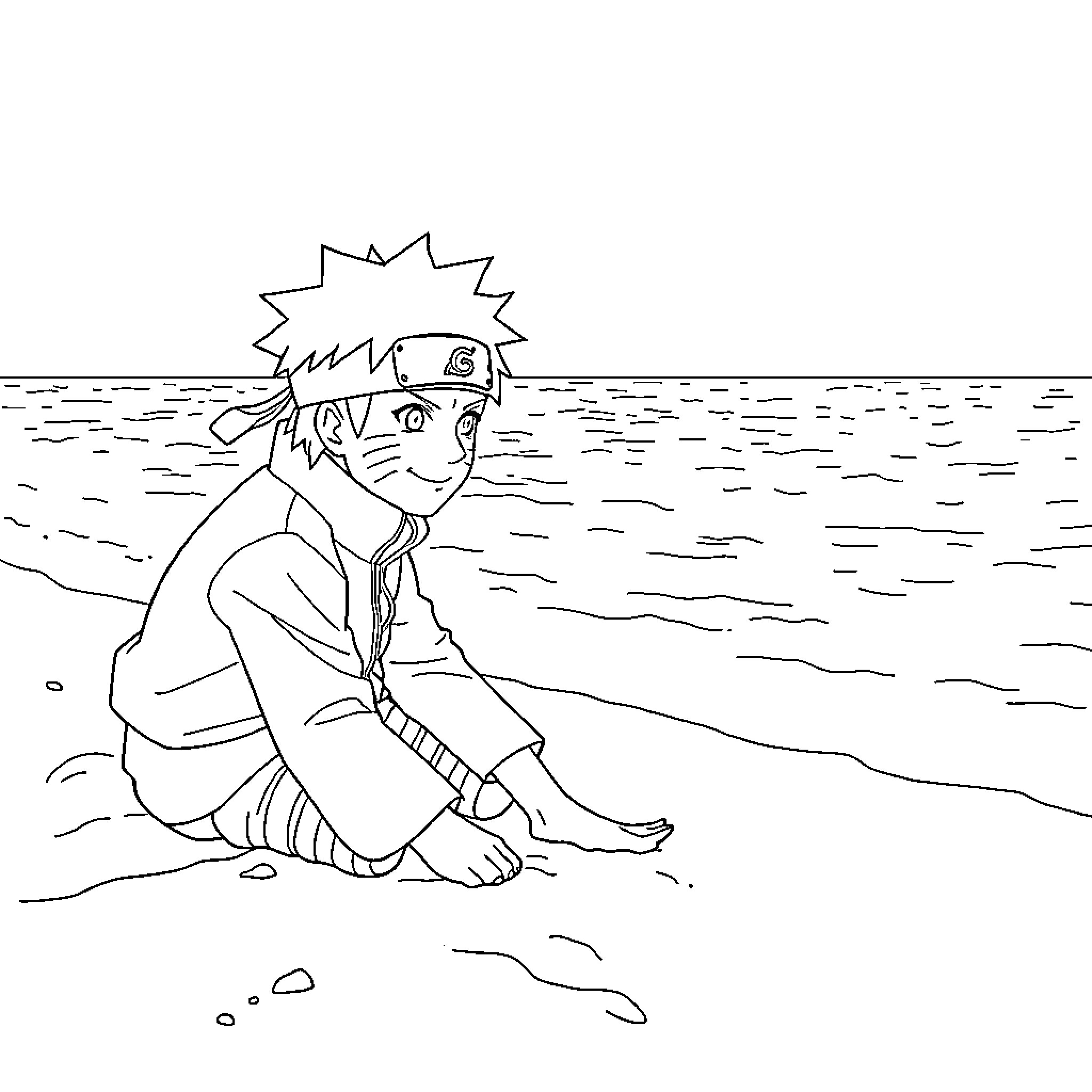 Naruto sitting solemnly on the beach Coloring Page (free black-and-white line drawing printable PDF for all, from beginners to advanced learners, including children, teens, adults, and seniors)