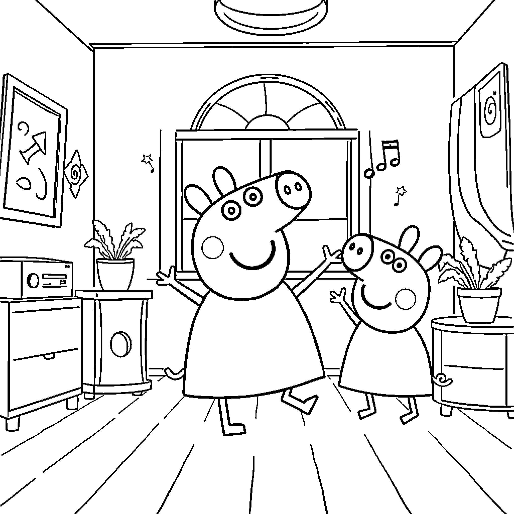 Peppa Pig and Friend Explore a Cozy Home Coloring Page (free black-and-white line drawing printable PDF for all, from beginners to advanced learners, including children, teens, adults, and seniors)