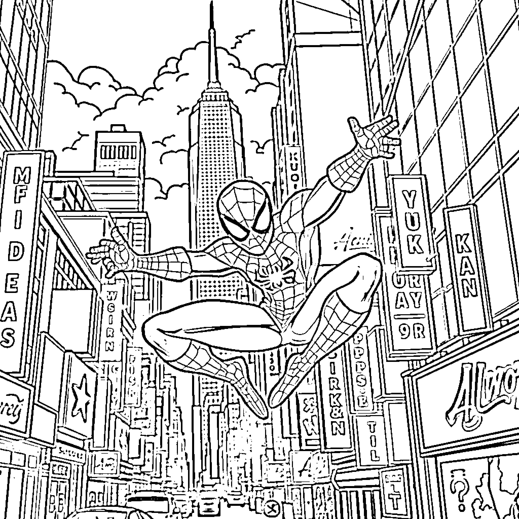 Spiderman swinging through the bustling city skyline Coloring Page (free black-and-white line drawing printable PDF for all, from beginners to advanced learners, including children, teens, adults, and seniors)