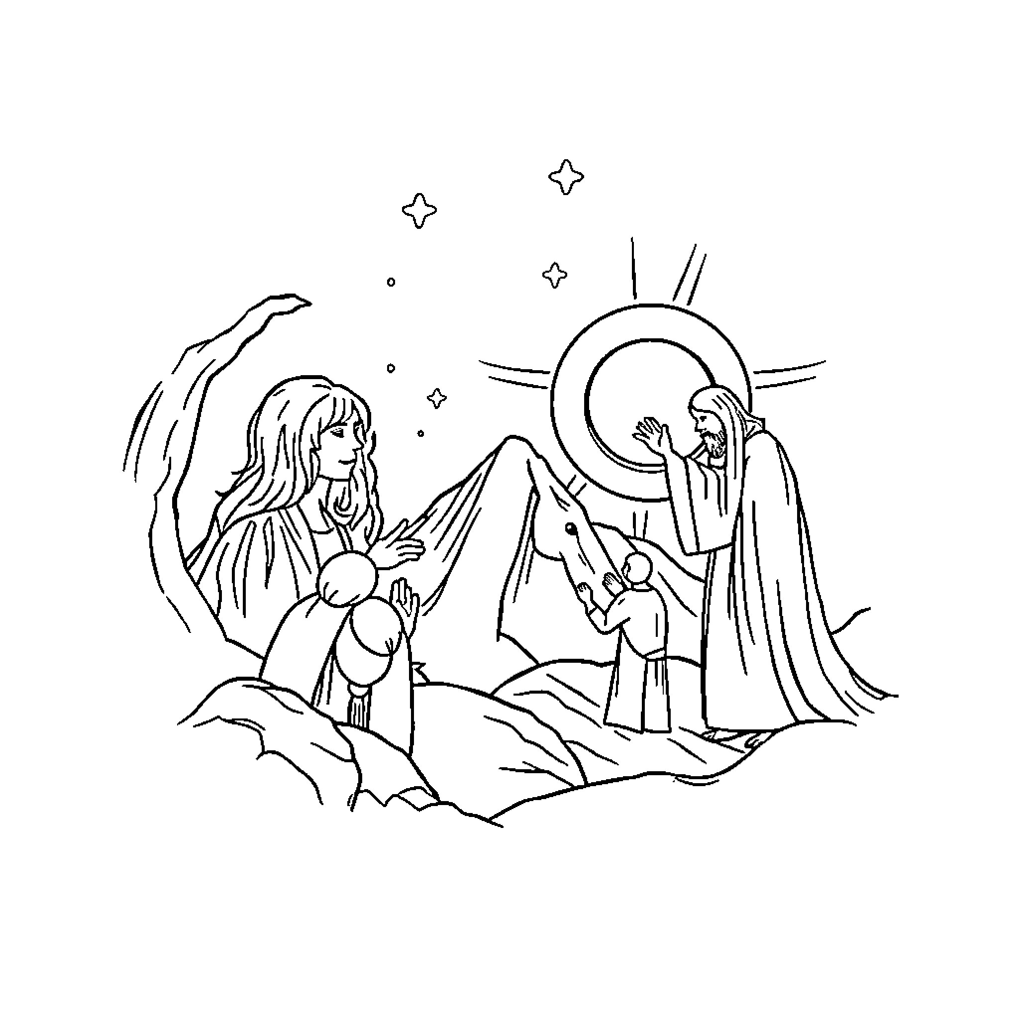 Genesis of a Nativity Scene Coloring Page (free black-and-white line drawing printable PDF for all, from beginners to advanced learners, including children, teens, adults, and seniors)
