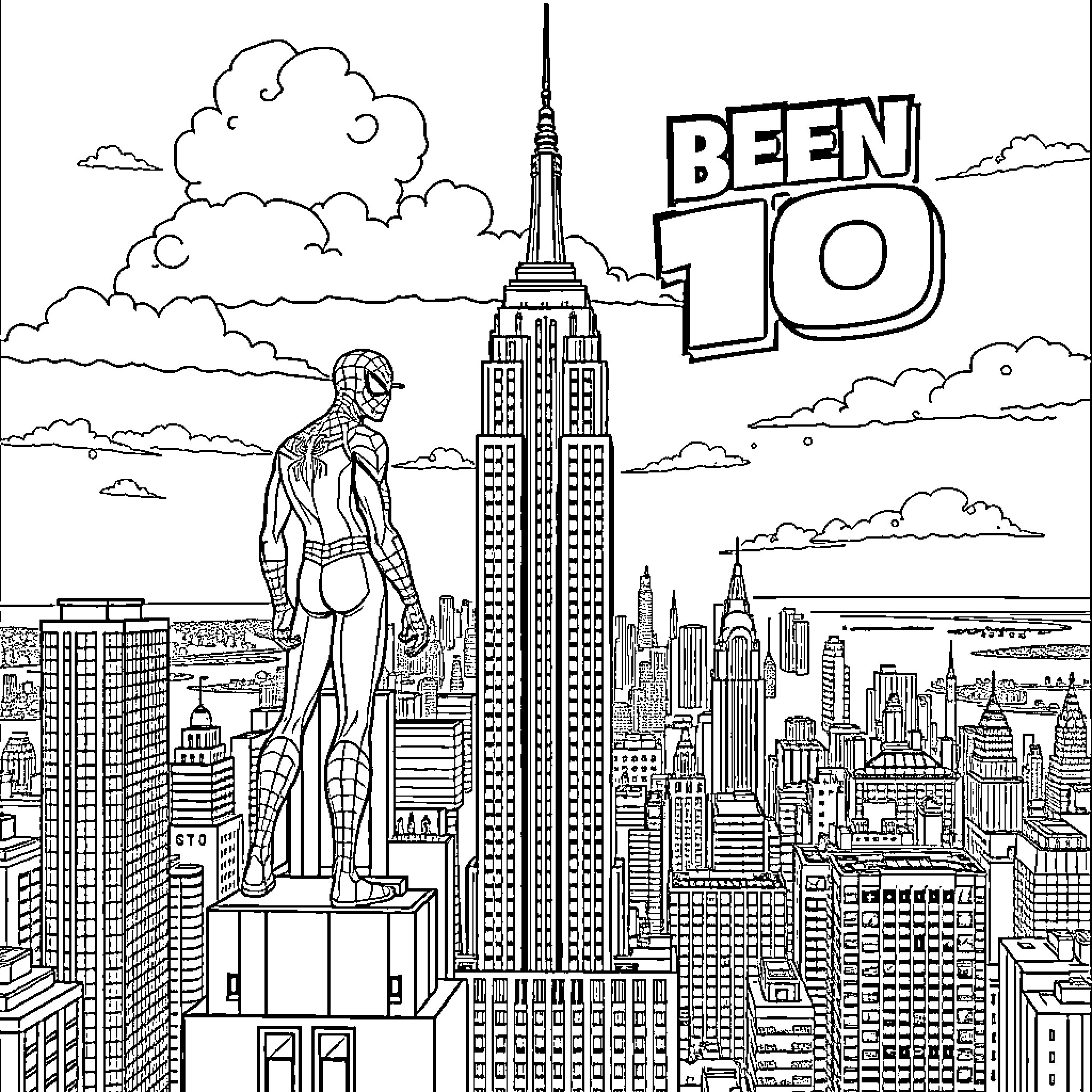 Spiderman overlooking the city skyline Coloring Page (free black-and-white line drawing printable PDF for all, from beginners to advanced learners, including children, teens, adults, and seniors)