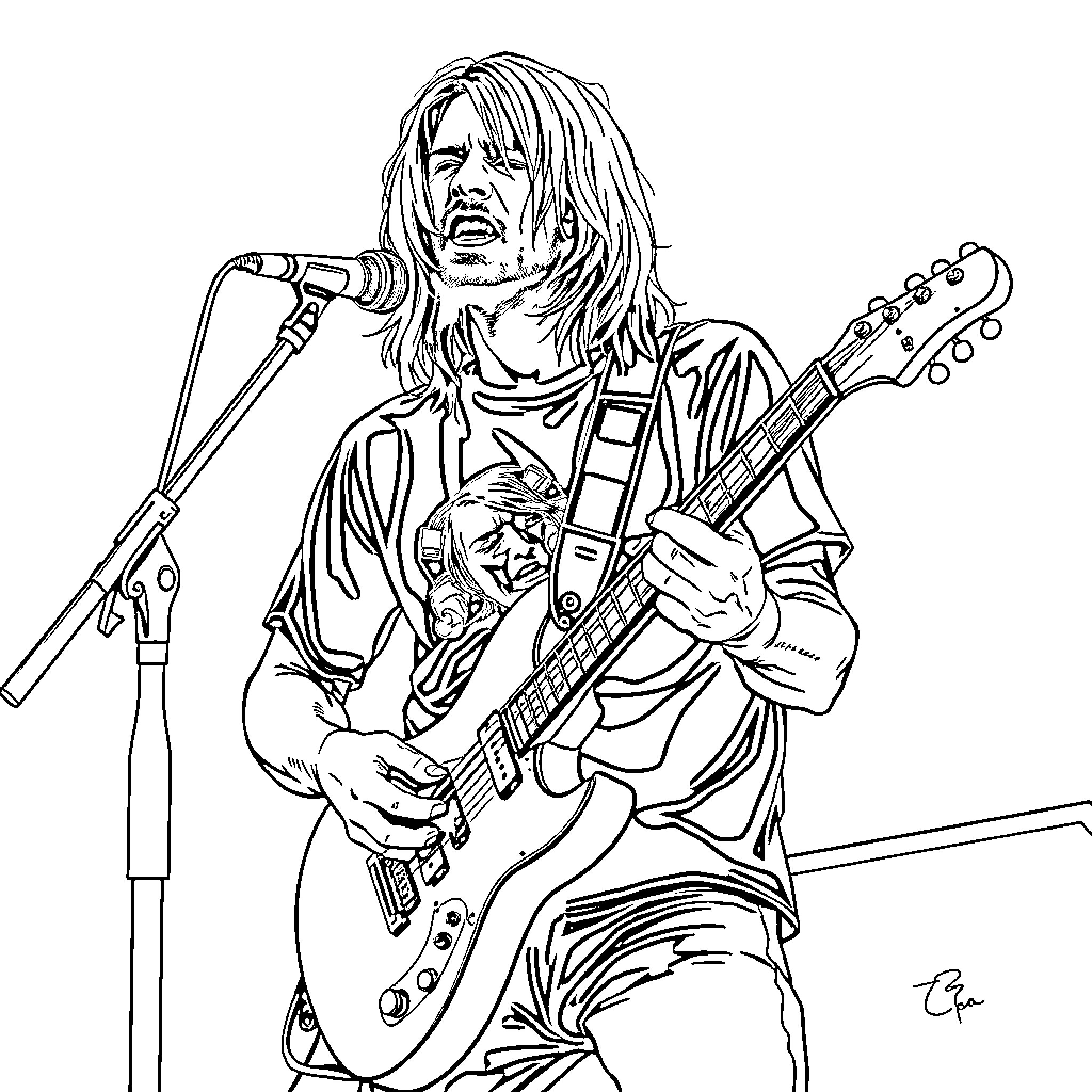 Kurt Cobain performing on stage with electric guitar Coloring Page (free black-and-white line drawing printable PDF for all, from beginners to advanced learners, including children, teens, adults, and seniors)
