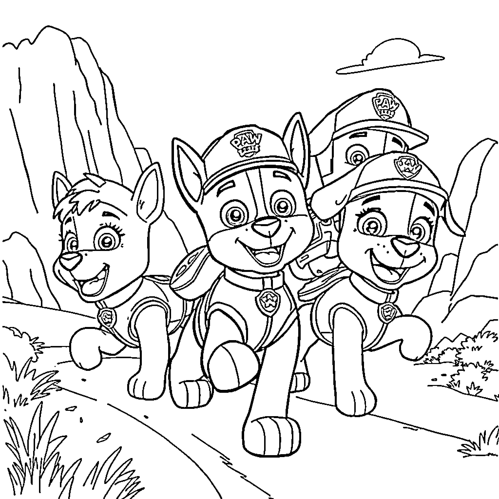 Paw Patrol members on an adventure Coloring Page (free black-and-white line drawing printable PDF for all, from beginners to advanced learners, including children, teens, adults, and seniors)