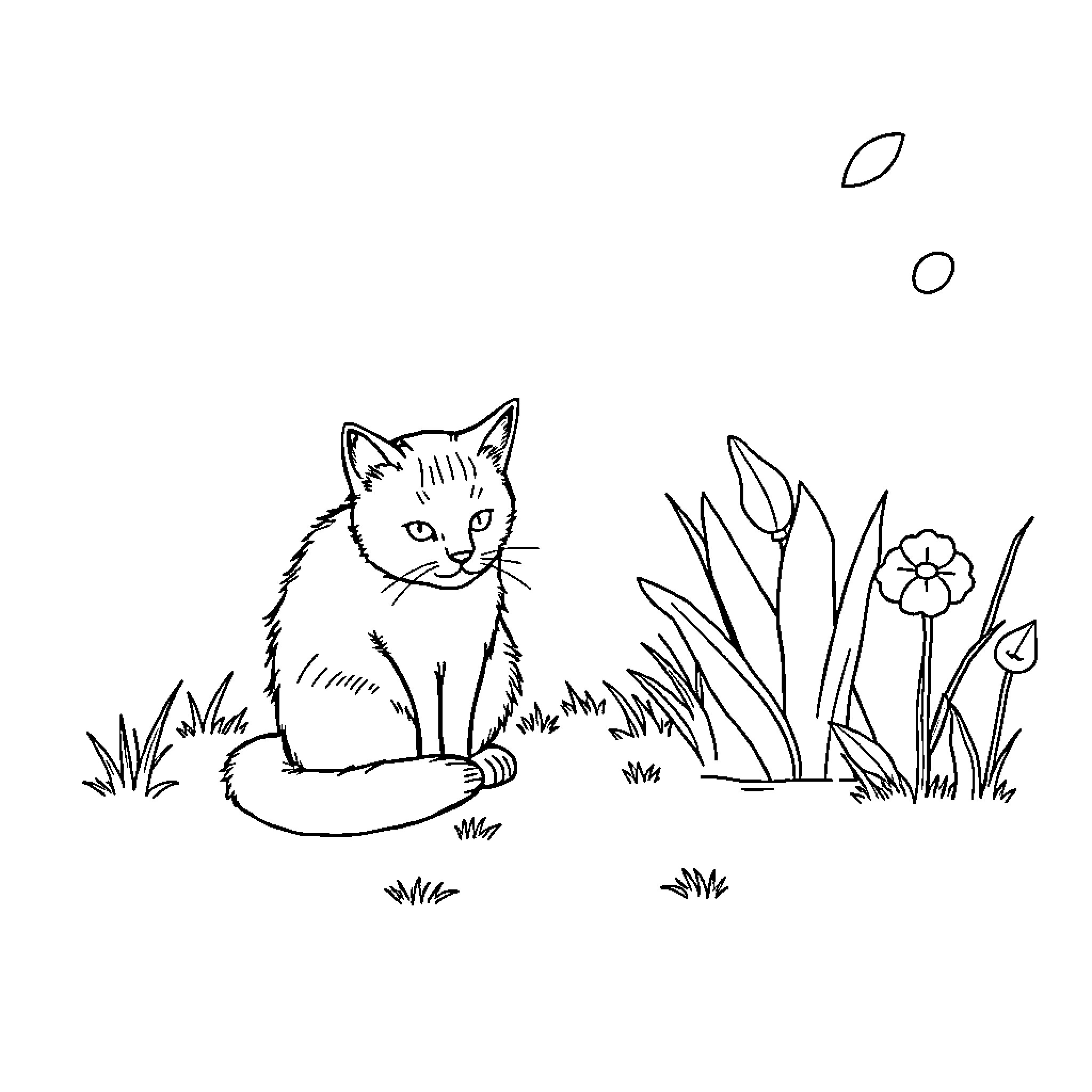 Cat in a garden with flowers Coloring Page (free black-and-white line drawing printable PDF for all, from beginners to advanced learners, including children, teens, adults, and seniors)