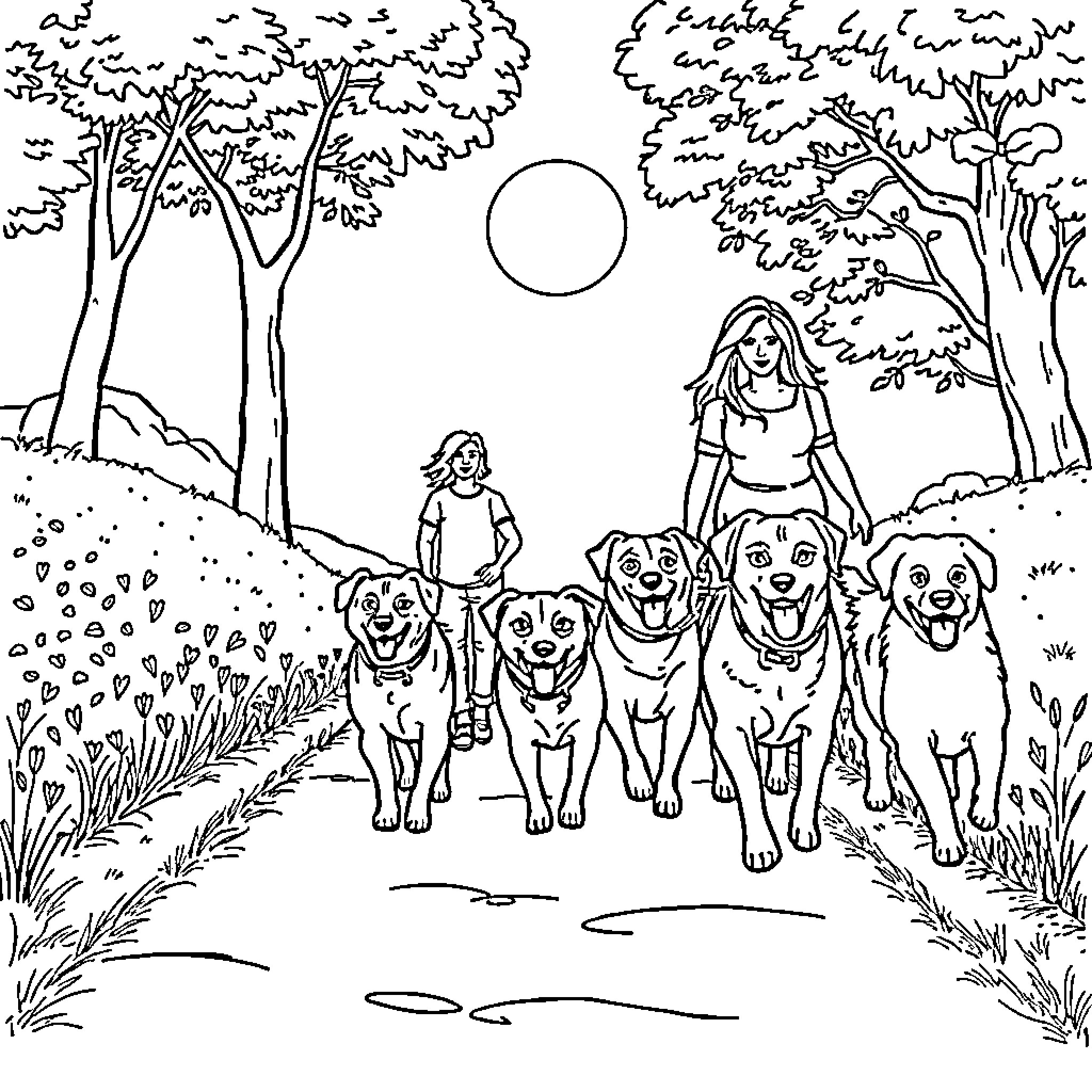 Dog walking happily with family in the forest Coloring Page (free black-and-white line drawing printable PDF for all, from beginners to advanced learners, including children, teens, adults, and seniors)