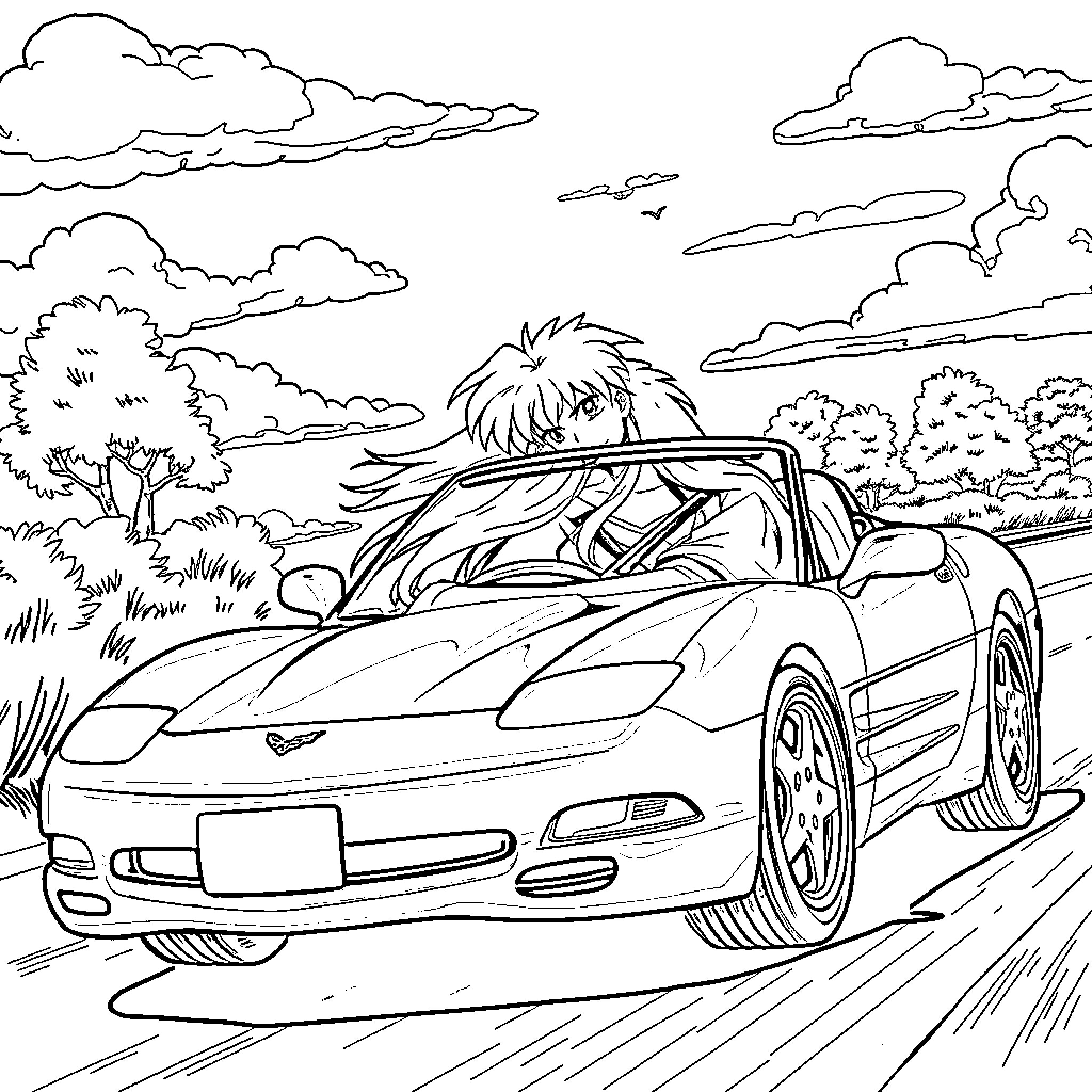 Inuyasha driving a sports car on the road Coloring Page (free black-and-white line drawing printable PDF for all, from beginners to advanced learners, including children, teens, adults, and seniors)