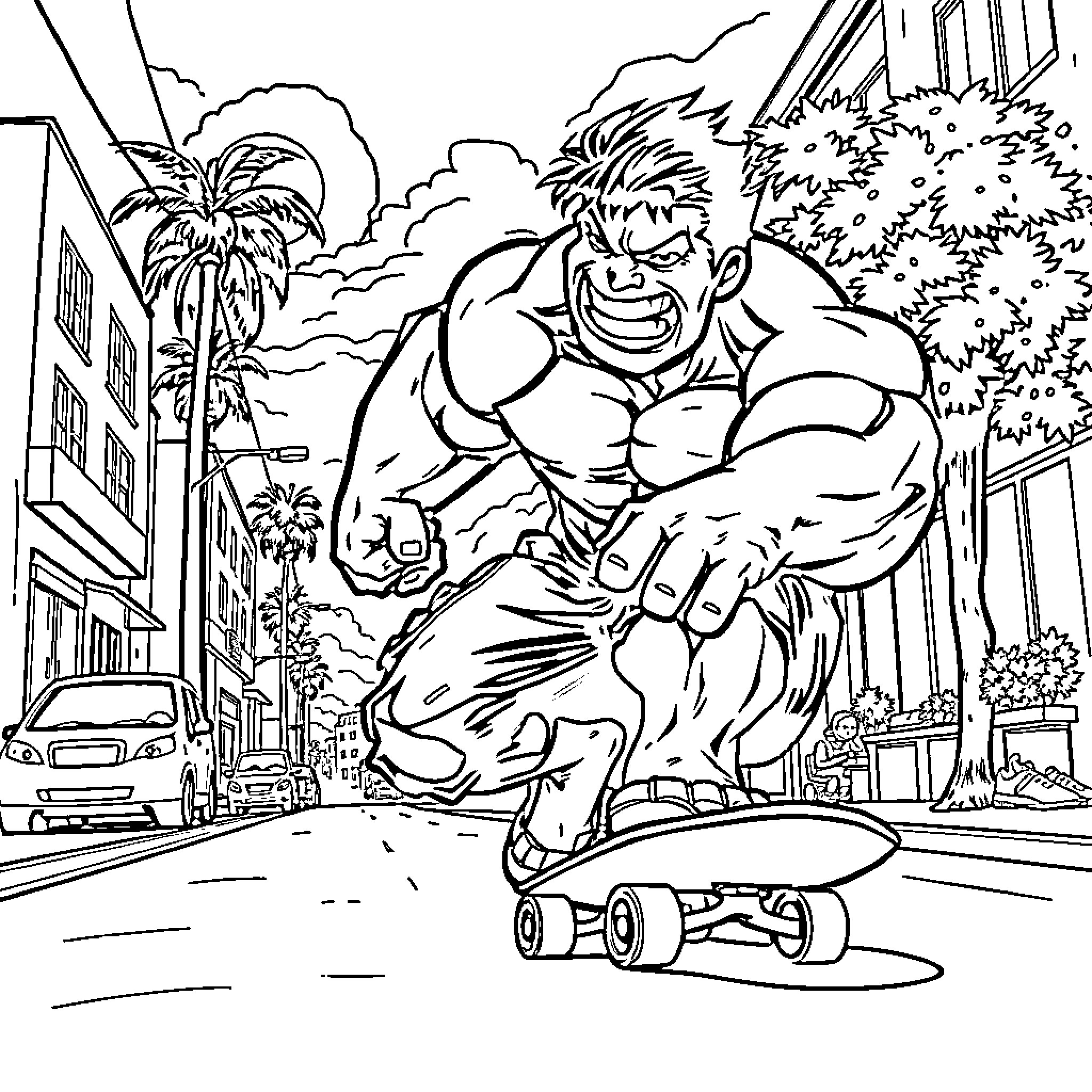 Hulk Skating Furiously through the City Coloring Page (free black-and-white line drawing printable PDF for all, from beginners to advanced learners, including children, teens, adults, and seniors)