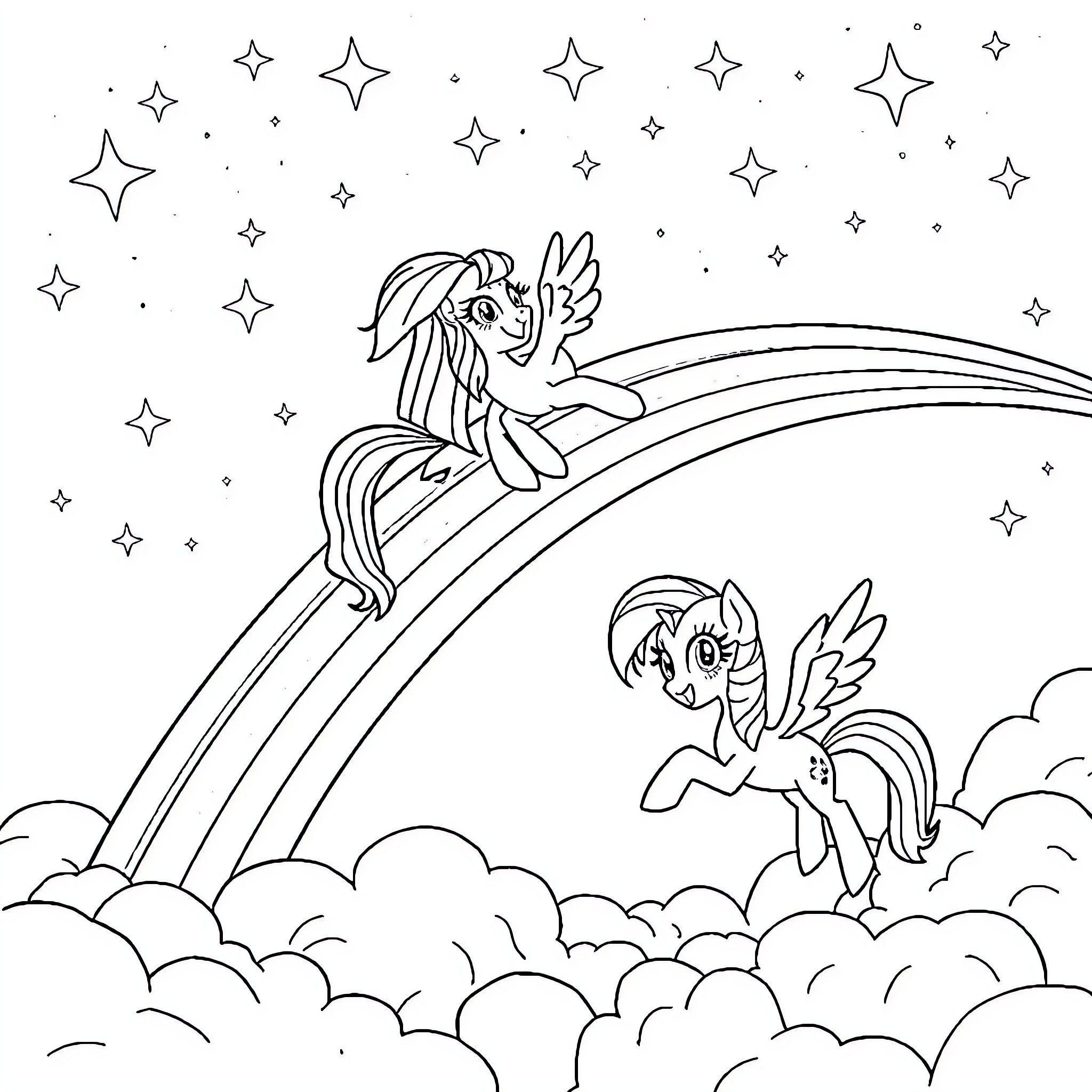 Ponies riding on a colorful rainbow Coloring Page (free black-and-white line drawing printable PDF for all, from beginners to advanced learners, including children, teens, adults, and seniors)