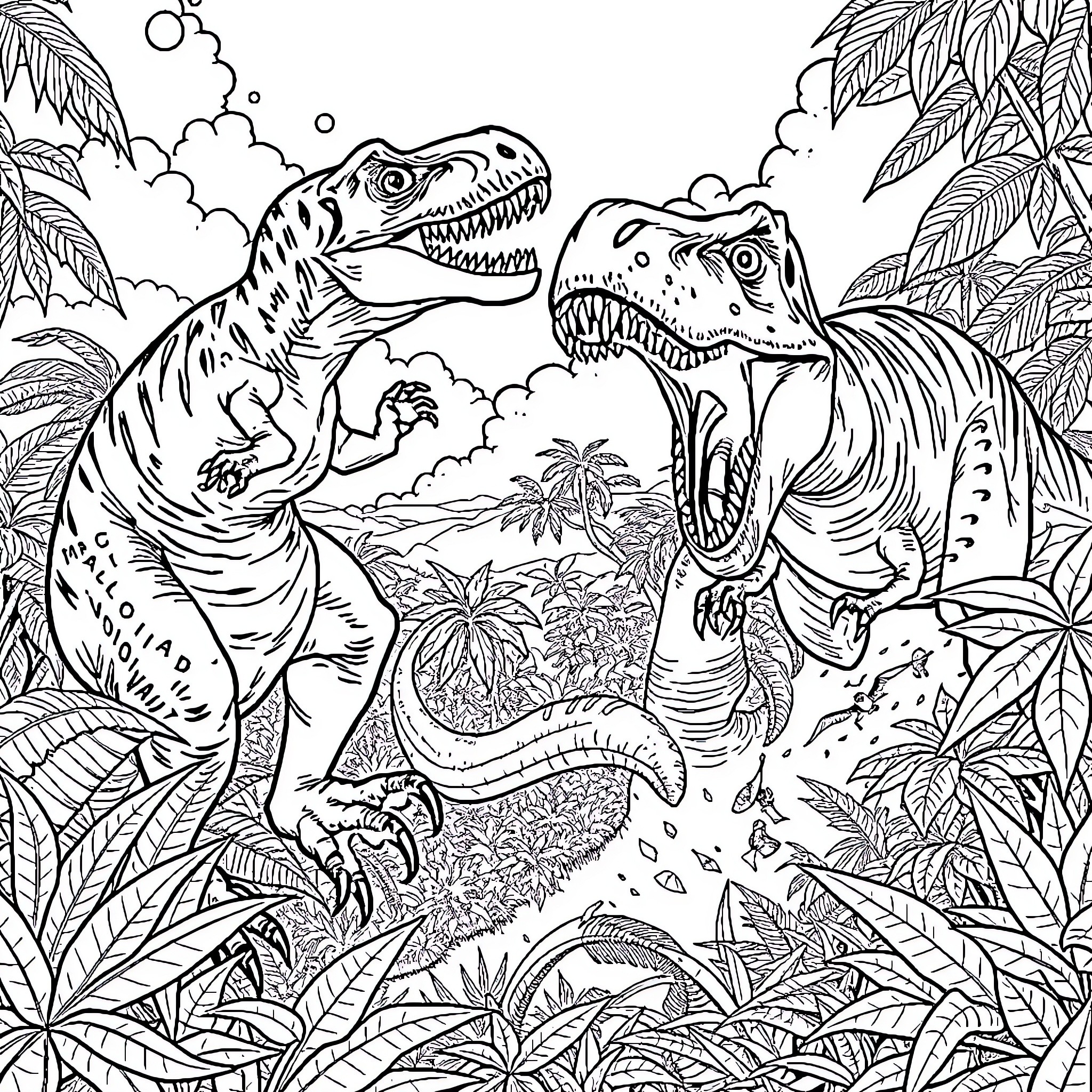 Raptor Dinosaurs Battling in Prehistoric Jungle Coloring Page (free black-and-white line drawing printable PDF for all, from beginners to advanced learners, including children, teens, adults, and seniors)