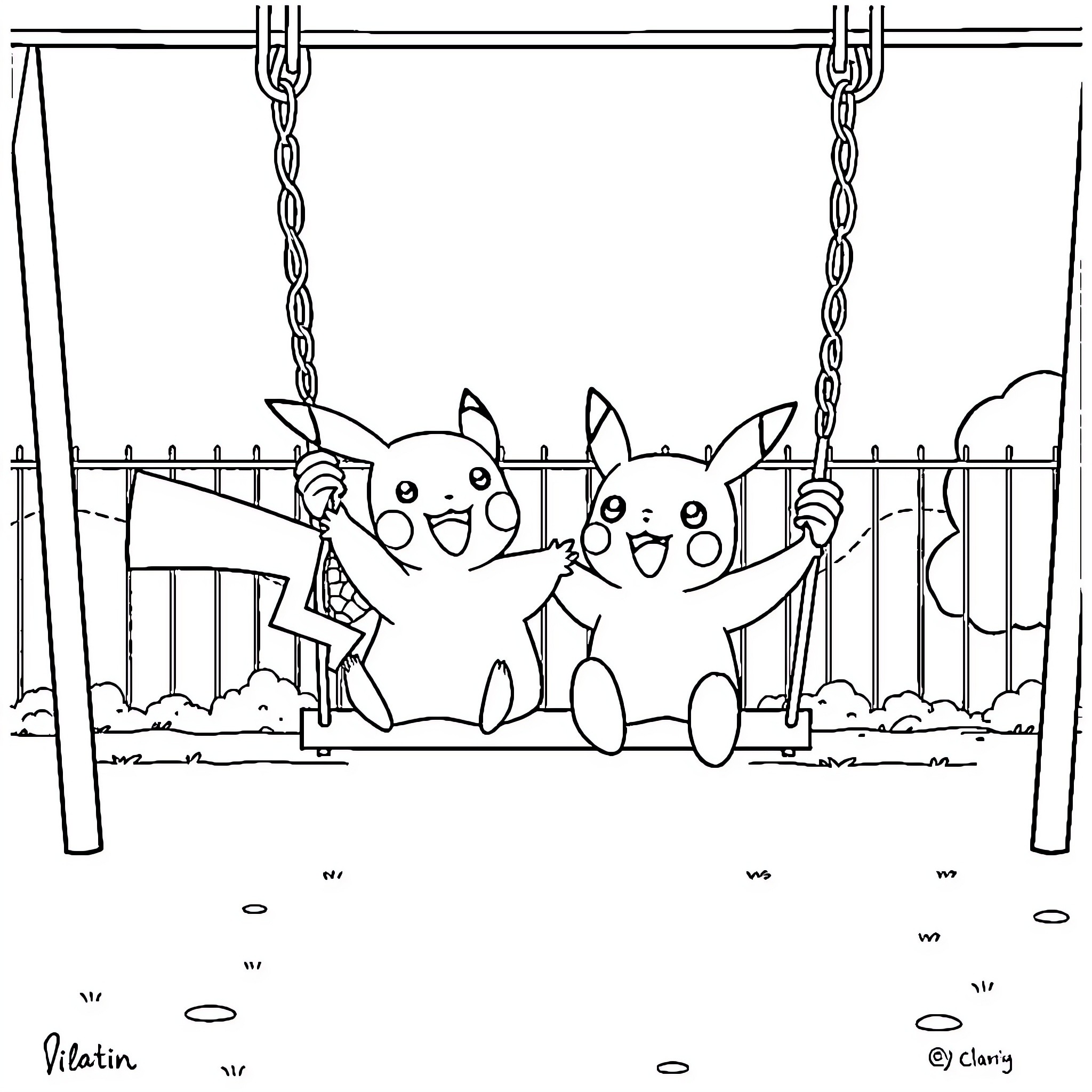 Pikachu playing happily on a swing Coloring Page (free black-and-white line drawing printable PDF for all, from beginners to advanced learners, including children, teens, adults, and seniors)