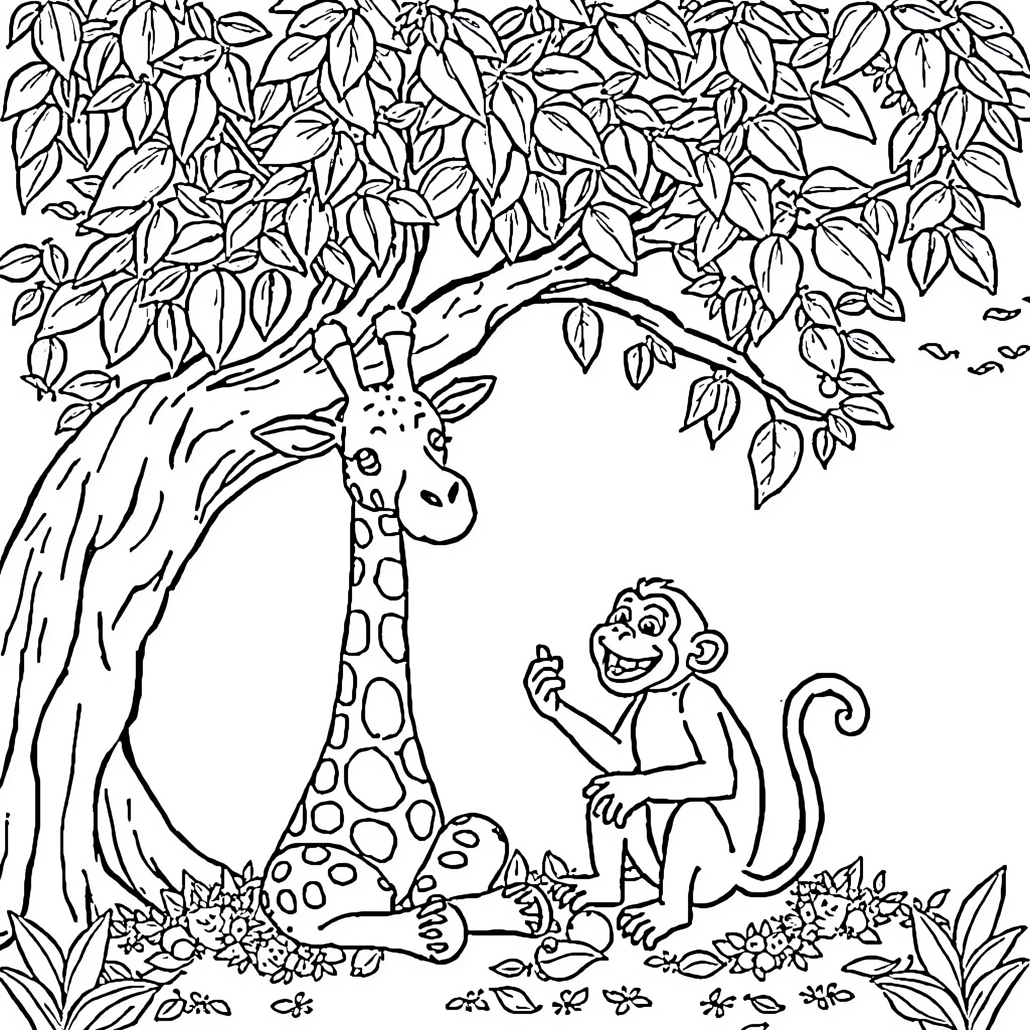 Giraffe and Monkeys Playing in the Jungle Coloring Page (free black-and-white line drawing printable PDF for all, from beginners to advanced learners, including children, teens, adults, and seniors)
