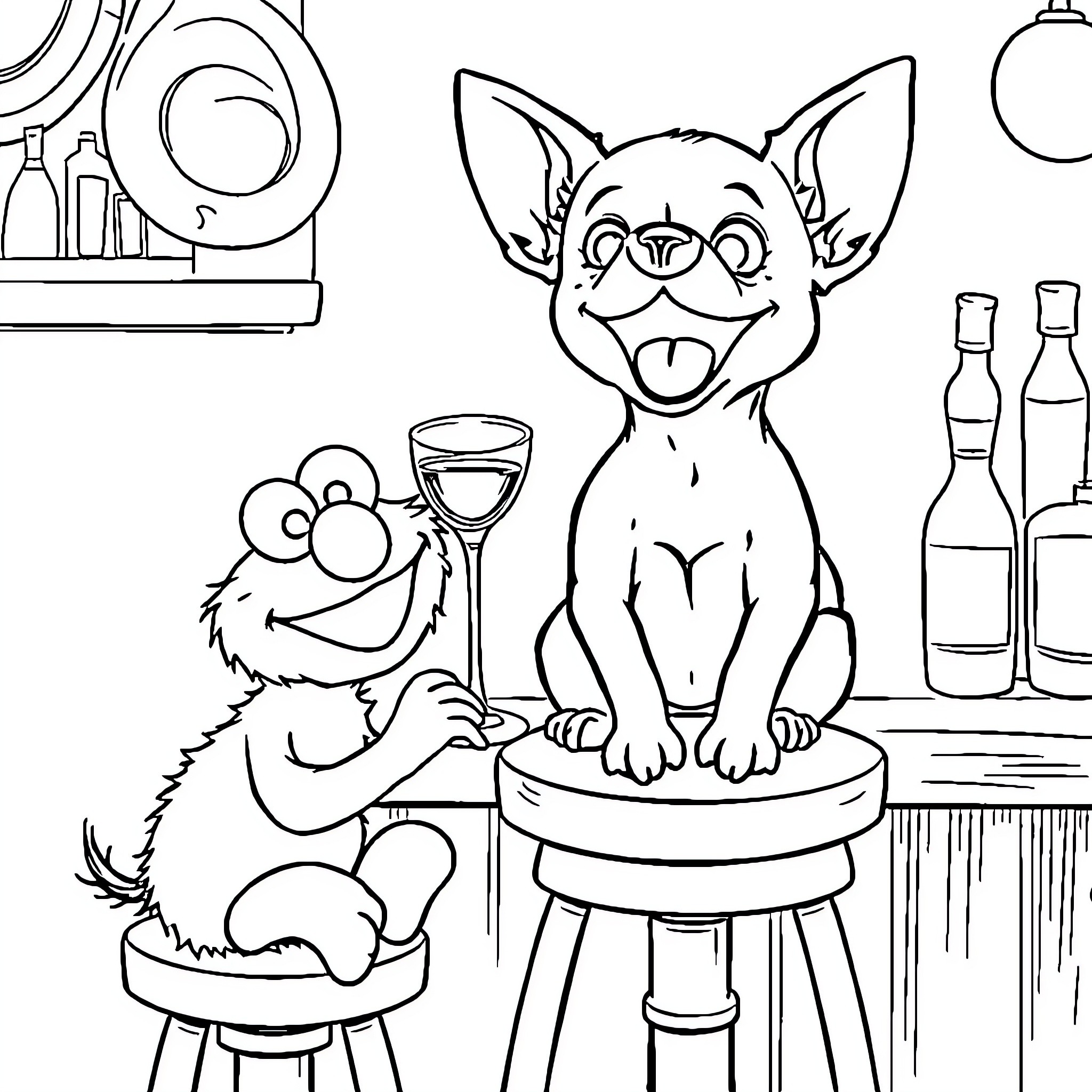 Chihuahua relaxing in a bar with a furry companion Coloring Page (free black-and-white line drawing printable PDF for all, from beginners to advanced learners, including children, teens, adults, and seniors)