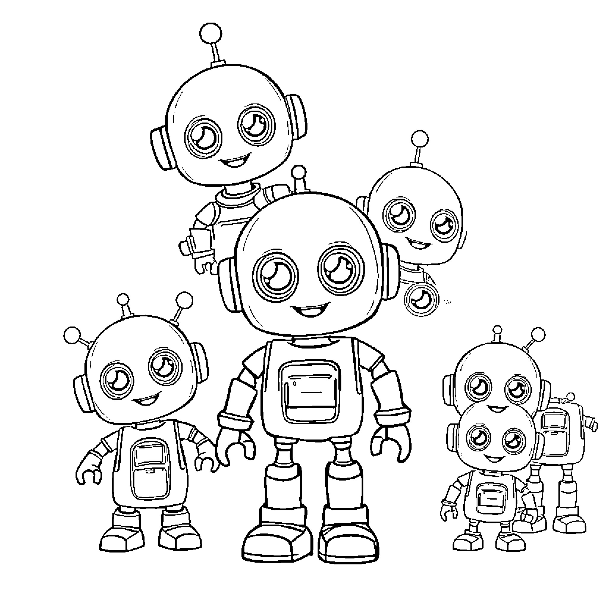 Robot Companions in a Group Illustration Coloring Page (free black-and-white line drawing printable PDF for all, from beginners to advanced learners, including children, teens, adults, and seniors)