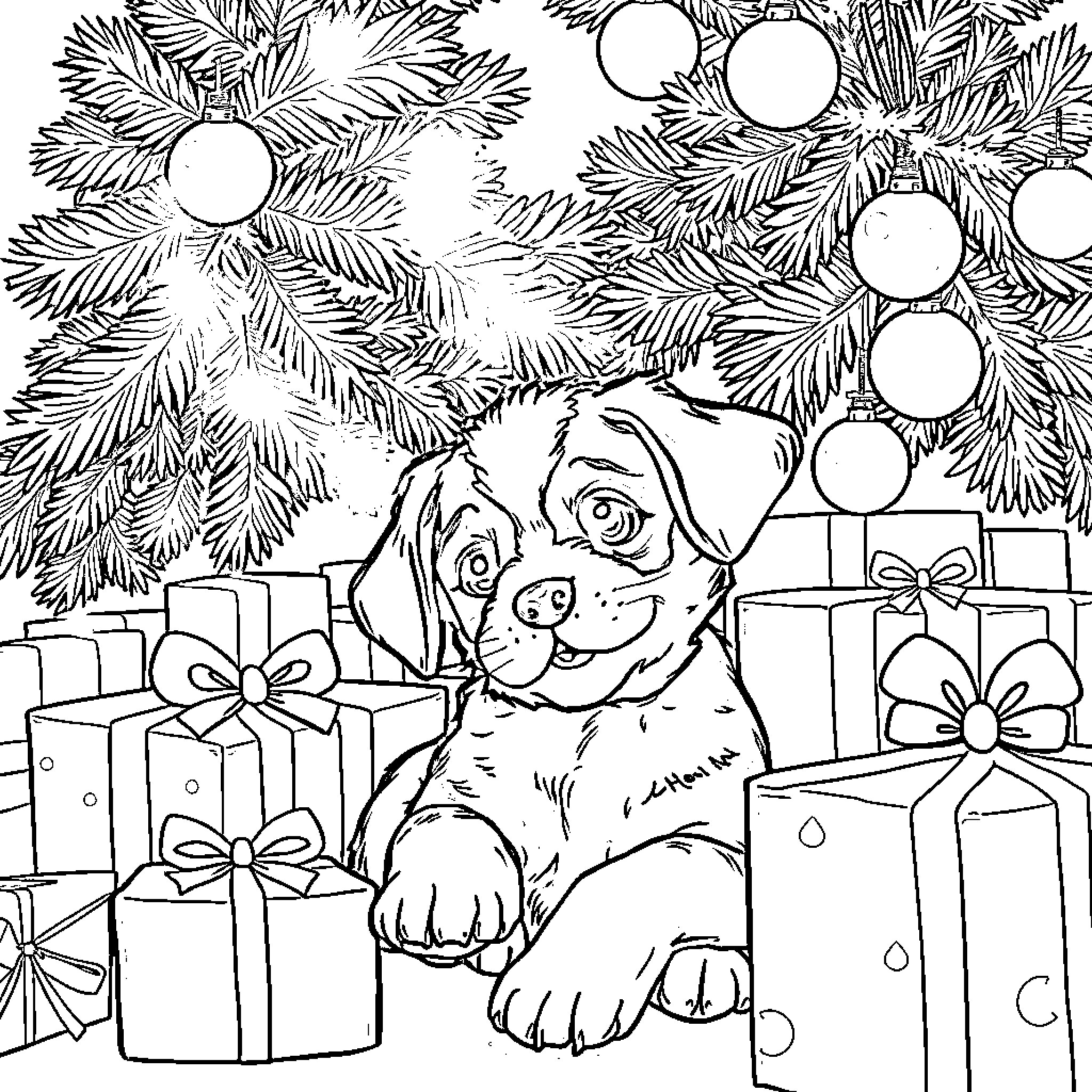 Dog enjoying Christmas with presents and decorations Coloring Page (free black-and-white line drawing printable PDF for all, from beginners to advanced learners, including children, teens, adults, and seniors)