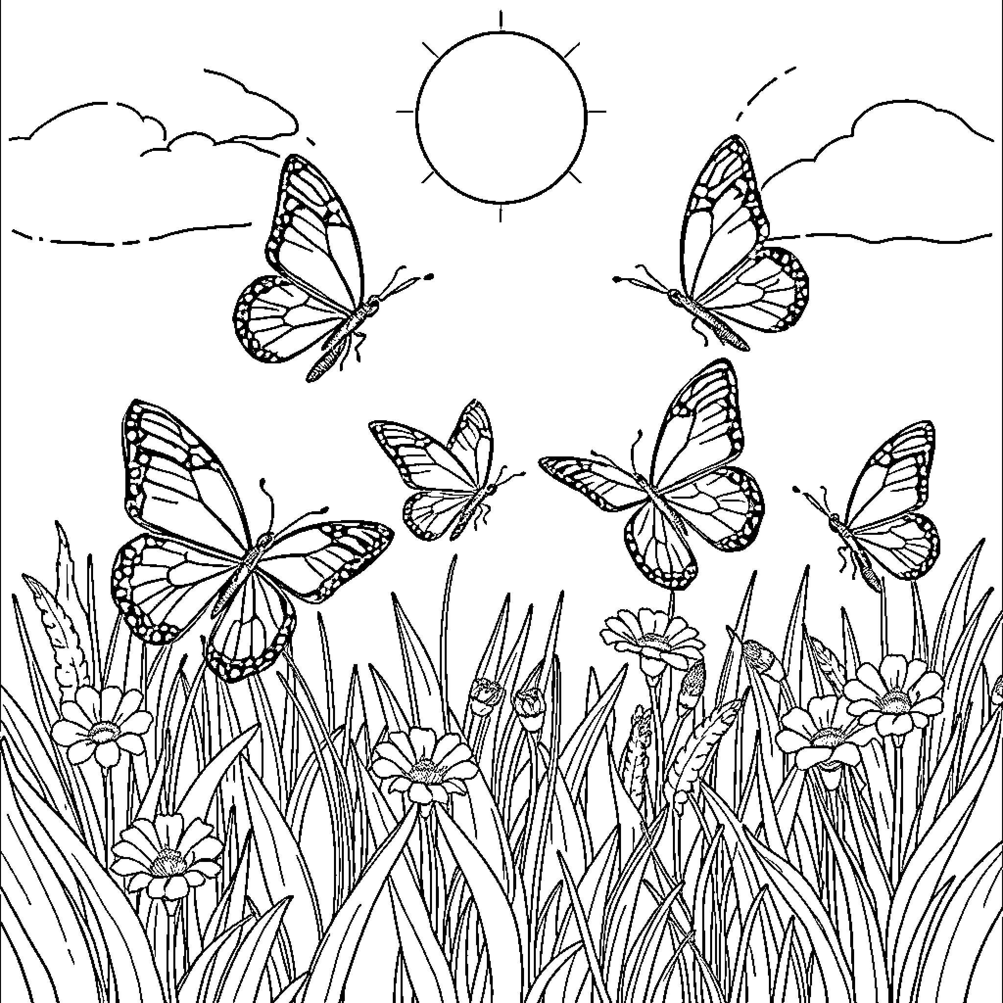 Butterflies dancing amid blooming flowers Coloring Page (free black-and-white line drawing printable PDF for all, from beginners to advanced learners, including children, teens, adults, and seniors)