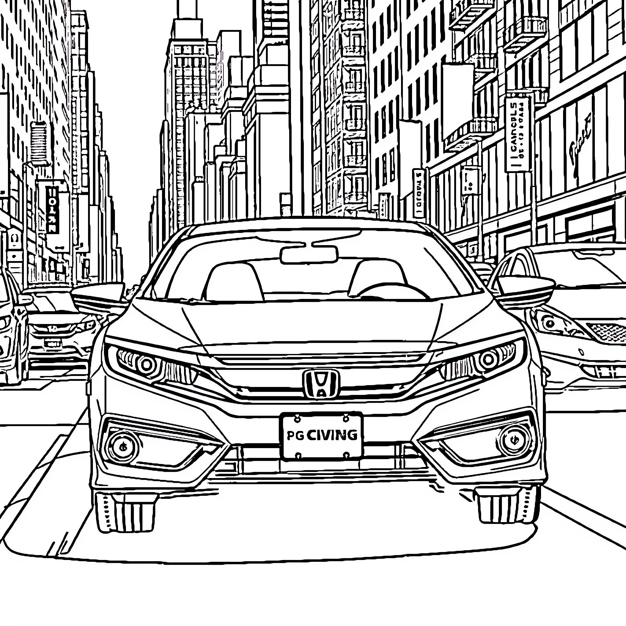 Civic Car Driving Through Urban Cityscape Coloring Page (free black-and-white line drawing printable PDF for all, from beginners to advanced learners, including children, teens, adults, and seniors)