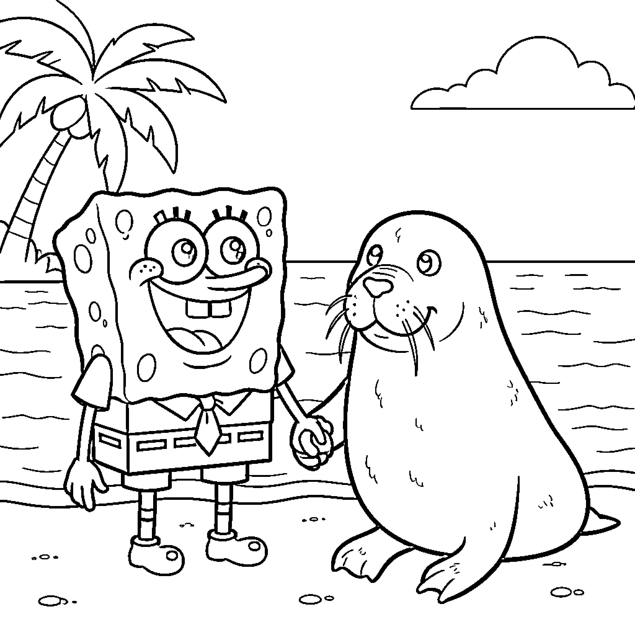 Spongebob smiling and holding hands with a seal Coloring Page (free black-and-white line drawing printable PDF for all, from beginners to advanced learners, including children, teens, adults, and seniors)