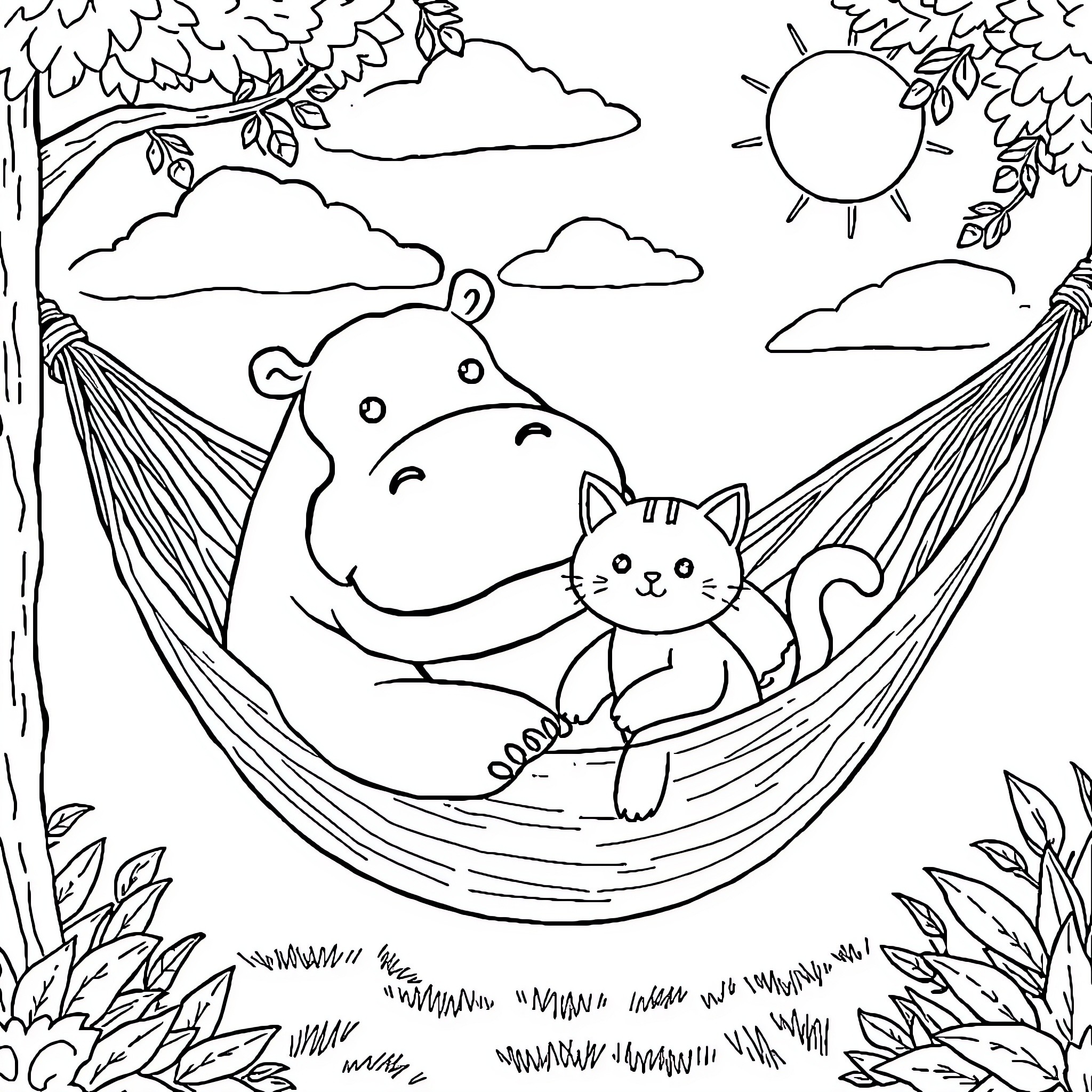 Hippo relaxing with cat in hammock Coloring Page (free black-and-white line drawing printable PDF for all, from beginners to advanced learners, including children, teens, adults, and seniors)