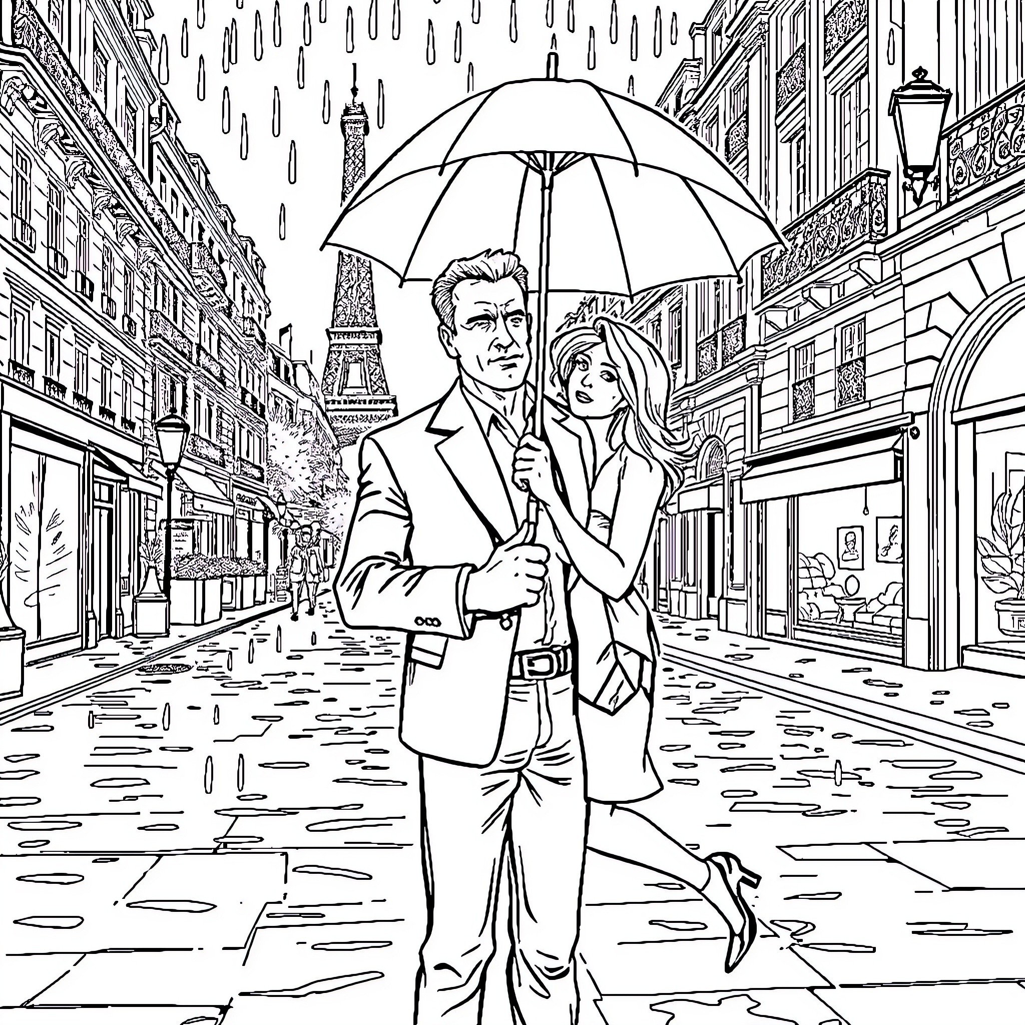 Arnold Schwarzenegger and companion strolling in rainy Paris Coloring Page (free black-and-white line drawing printable PDF for all, from beginners to advanced learners, including children, teens, adults, and seniors)