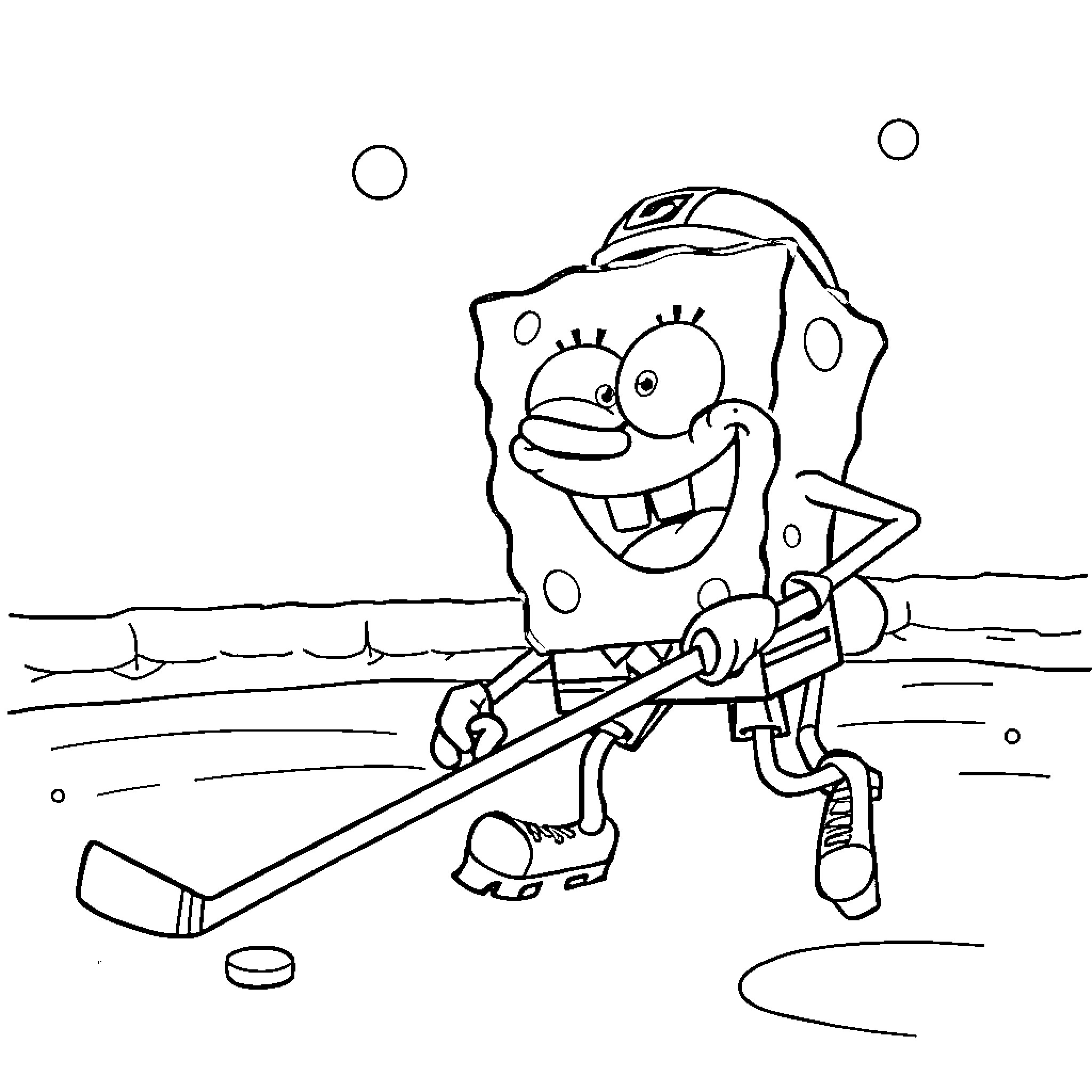 Spongebob playing hockey on the ice Coloring Page (free black-and-white line drawing printable PDF for all, from beginners to advanced learners, including children, teens, adults, and seniors)
