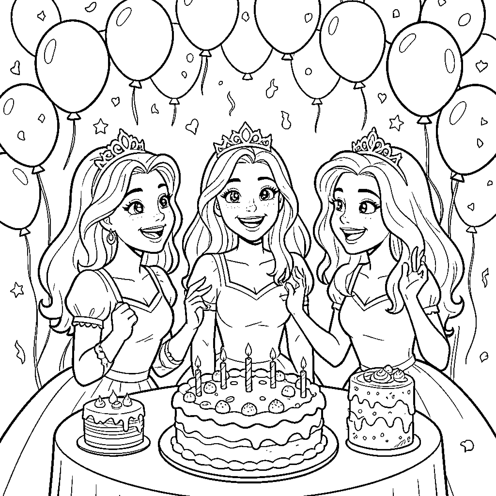 Disney Princess Celebrating Birthday Party with Cakes and Balloons Coloring Page (free black-and-white line drawing printable PDF for all, from beginners to advanced learners, including children, teens, adults, and seniors)