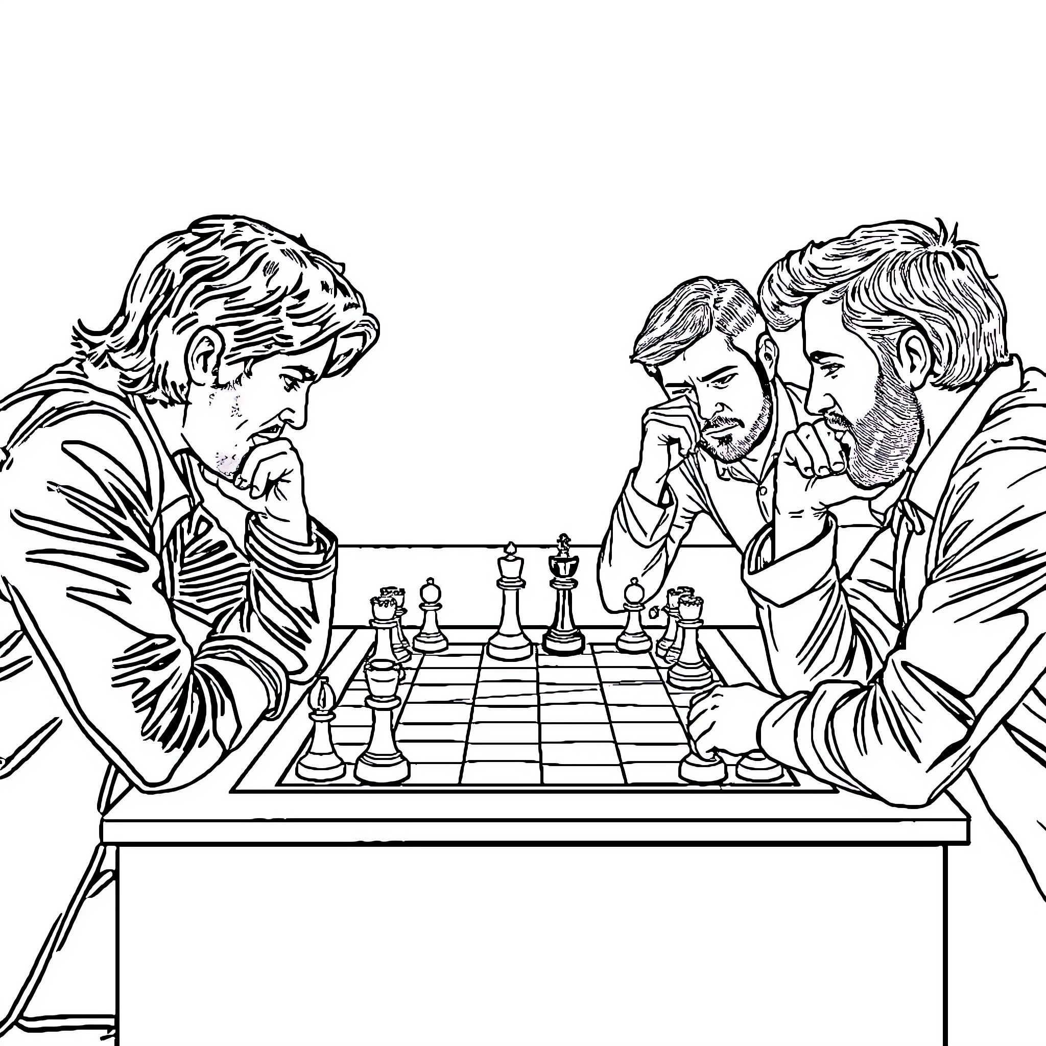 Mumford and Sons Engage in Strategic Chess Match Coloring Page (free black-and-white line drawing printable PDF for all, from beginners to advanced learners, including children, teens, adults, and seniors)