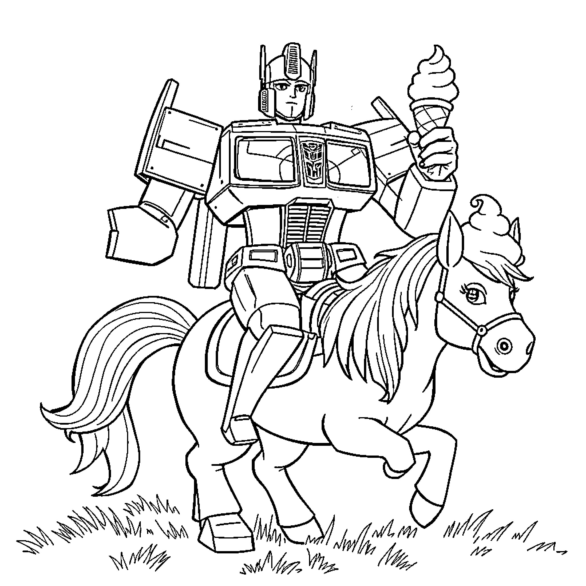 Optimus Prime riding a horse and holding an ice cream cone Coloring Page (free black-and-white line drawing printable PDF for all, from beginners to advanced learners, including children, teens, adults, and seniors)
