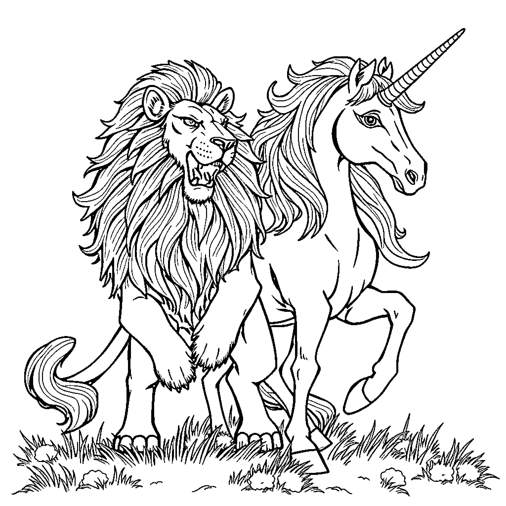 Lion and Unicorn Roaming the Grasslands Coloring Page (free black-and-white line drawing printable PDF for all, from beginners to advanced learners, including children, teens, adults, and seniors)
