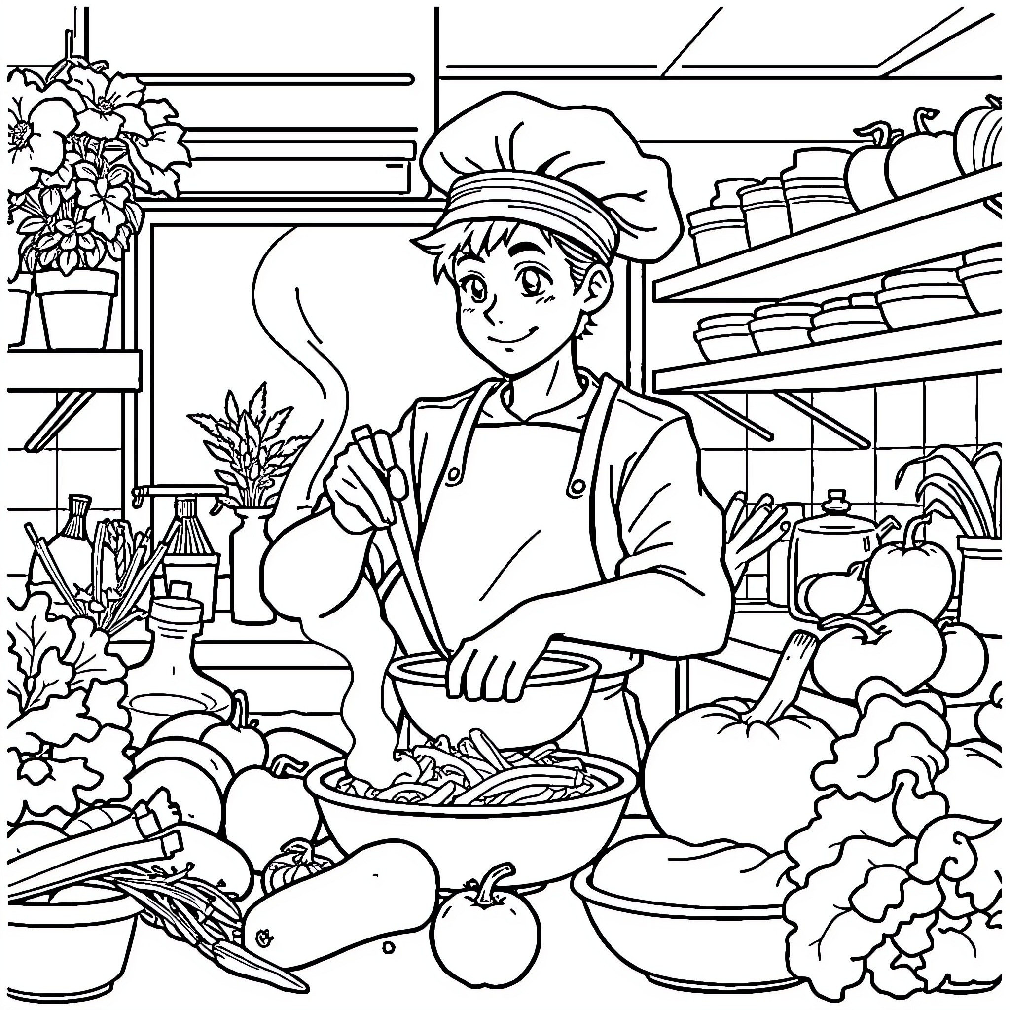 Sanji's Culinary Delight: A Chef's Passion Shines Coloring Page (free black-and-white line drawing printable PDF for all, from beginners to advanced learners, including children, teens, adults, and seniors)