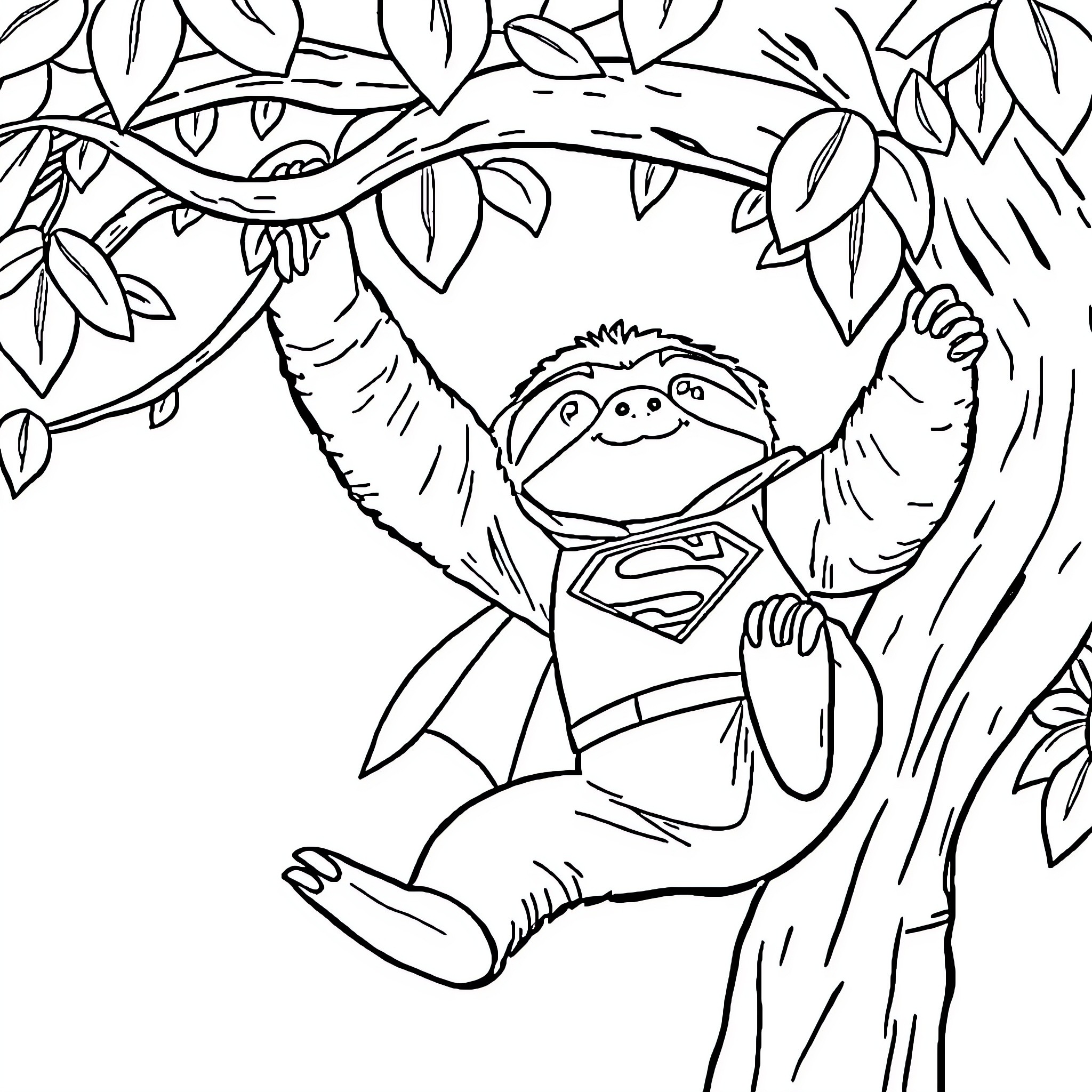 Sloth hanging playfully on tree branch Coloring Page (free black-and-white line drawing printable PDF for all, from beginners to advanced learners, including children, teens, adults, and seniors)