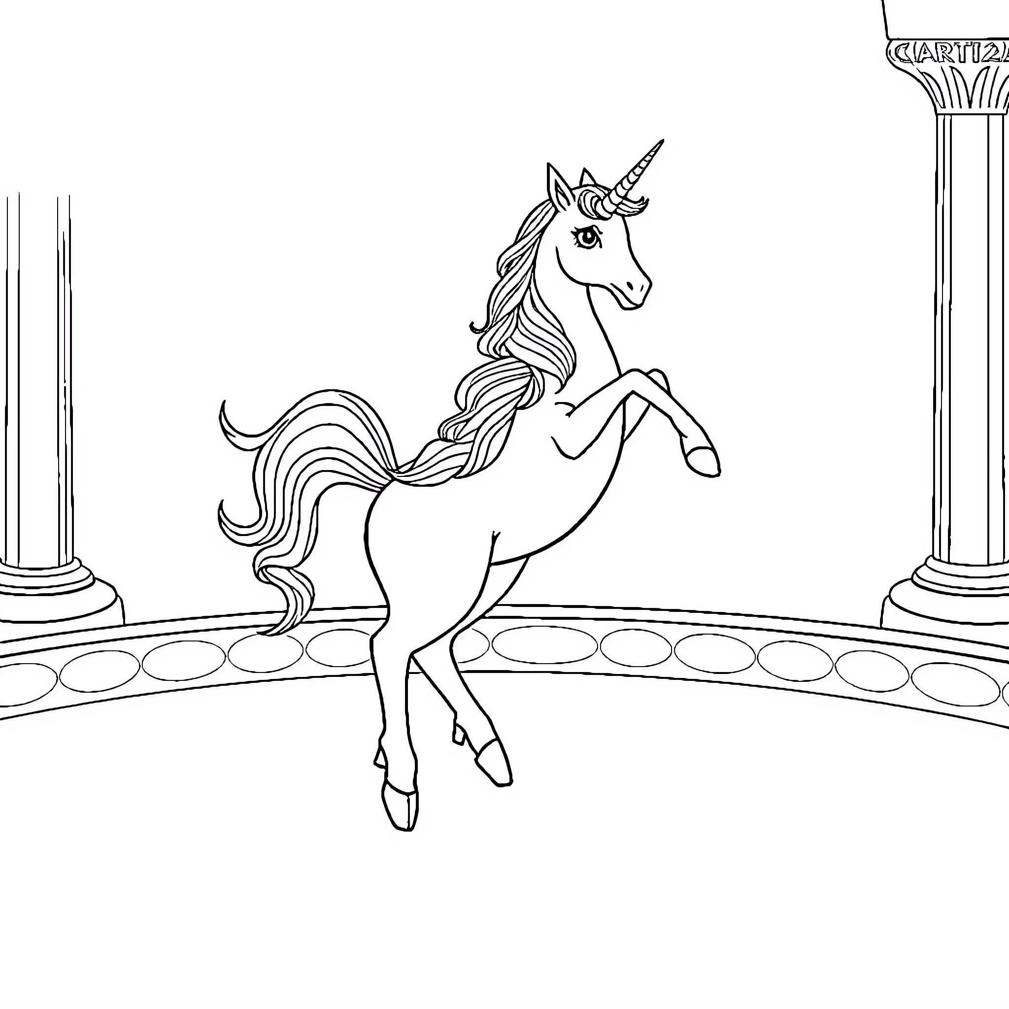 Unicorn prancing elegantly in fantasy setting Coloring Page (free black-and-white line drawing printable PDF for all, from beginners to advanced learners, including children, teens, adults, and seniors)