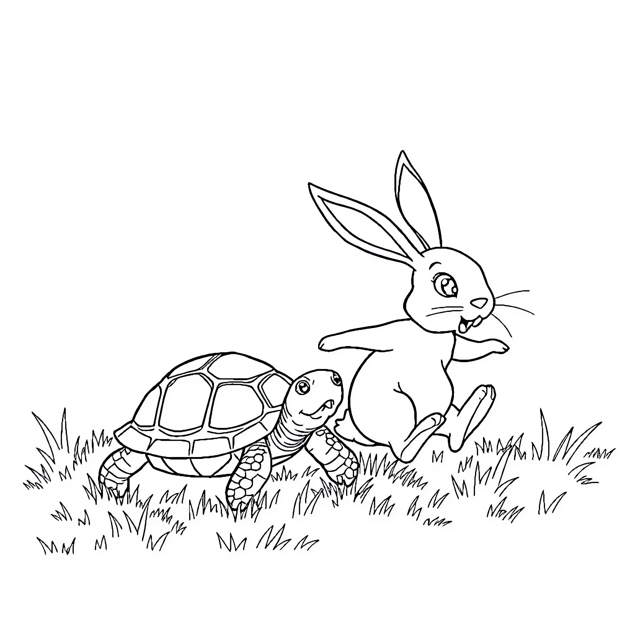 Turtle and Rabbit exploring the outdoors Coloring Page (free black-and-white line drawing printable PDF for all, from beginners to advanced learners, including children, teens, adults, and seniors)