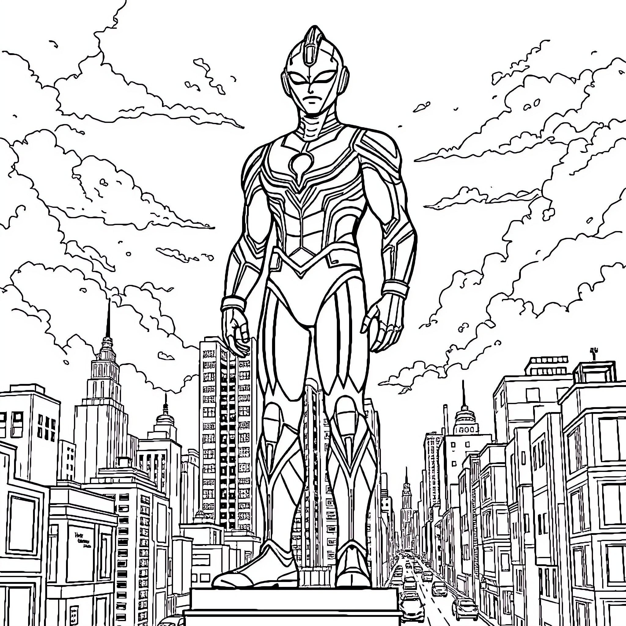 Ultraman stands tall above the city skyline Coloring Page (free black-and-white line drawing printable PDF for all, from beginners to advanced learners, including children, teens, adults, and seniors)