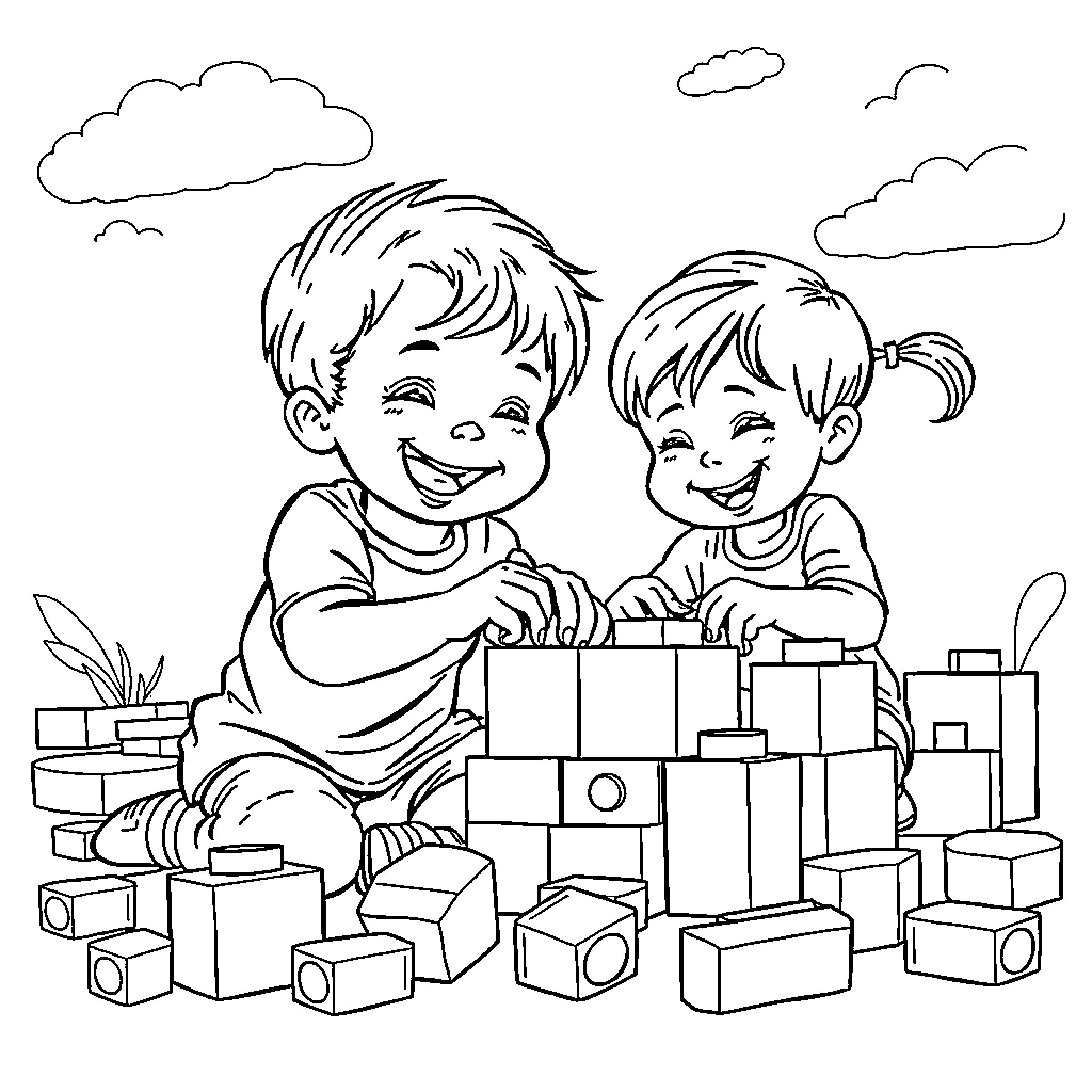 ABC Children Playing with Building Blocks Happily Coloring Page (free black-and-white line drawing printable PDF for all, from beginners to advanced learners, including children, teens, adults, and seniors)