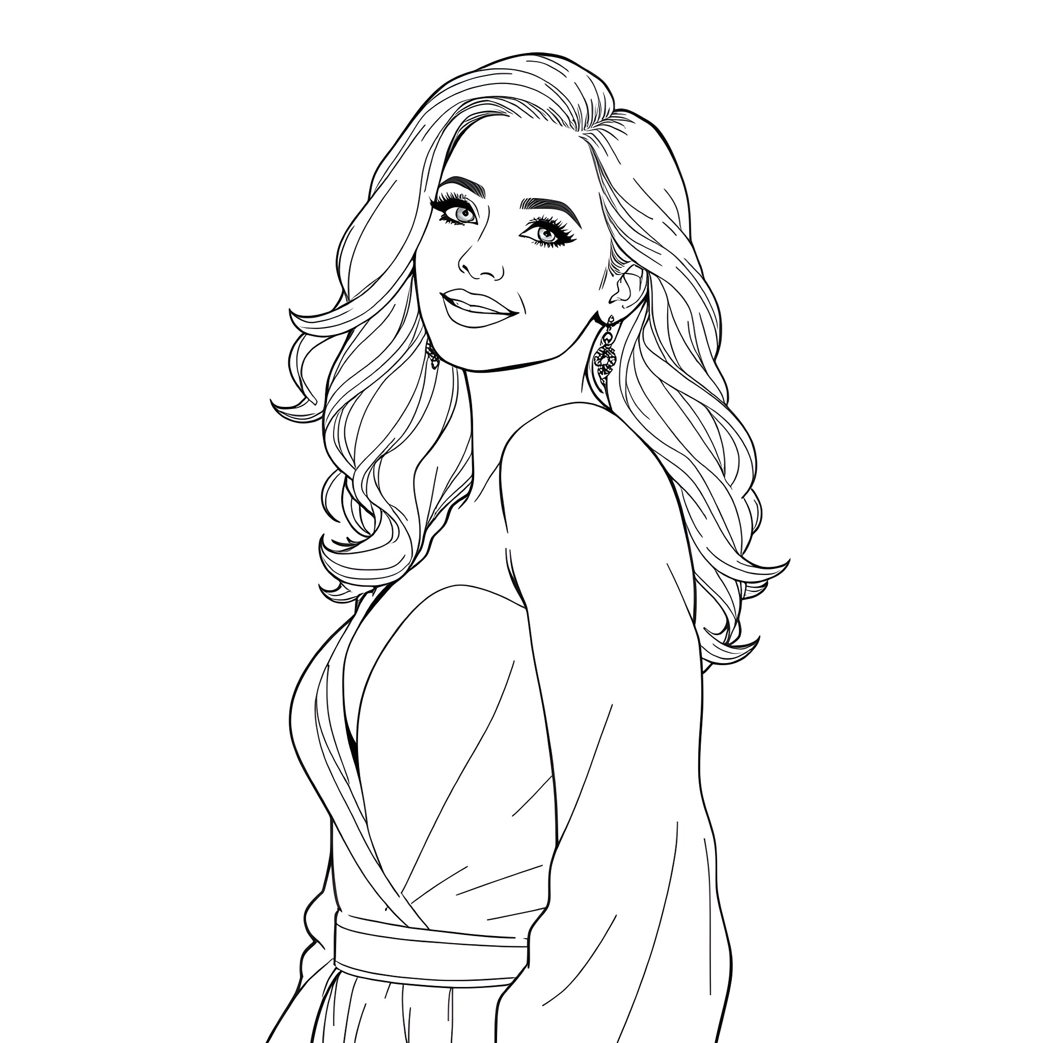 Christina Hendricks posing in a glamorous outfit Coloring Page (free black-and-white line drawing printable PDF for all, from beginners to advanced learners, including children, teens, adults, and seniors)
