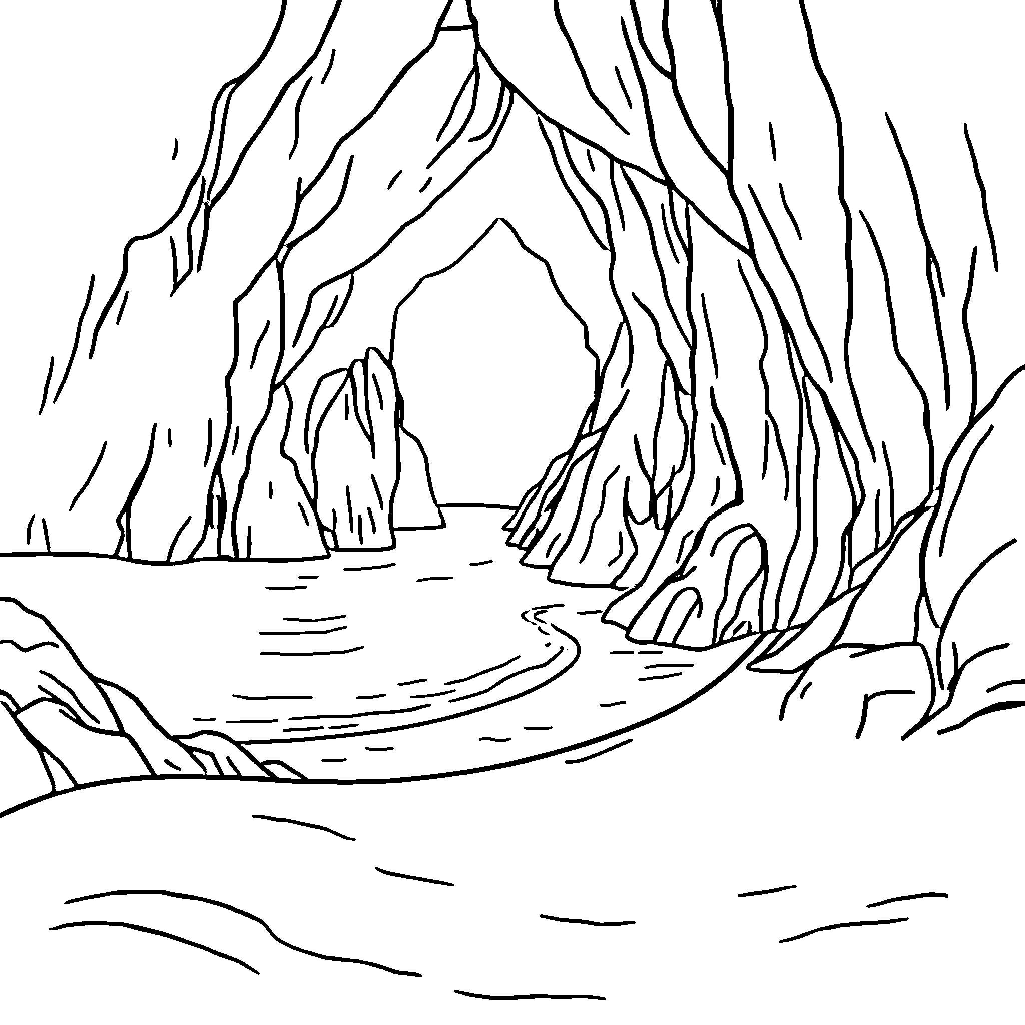 Cave of Intricate Rock Formations Coloring Page (free black-and-white line drawing printable PDF for all, from beginners to advanced learners, including children, teens, adults, and seniors)