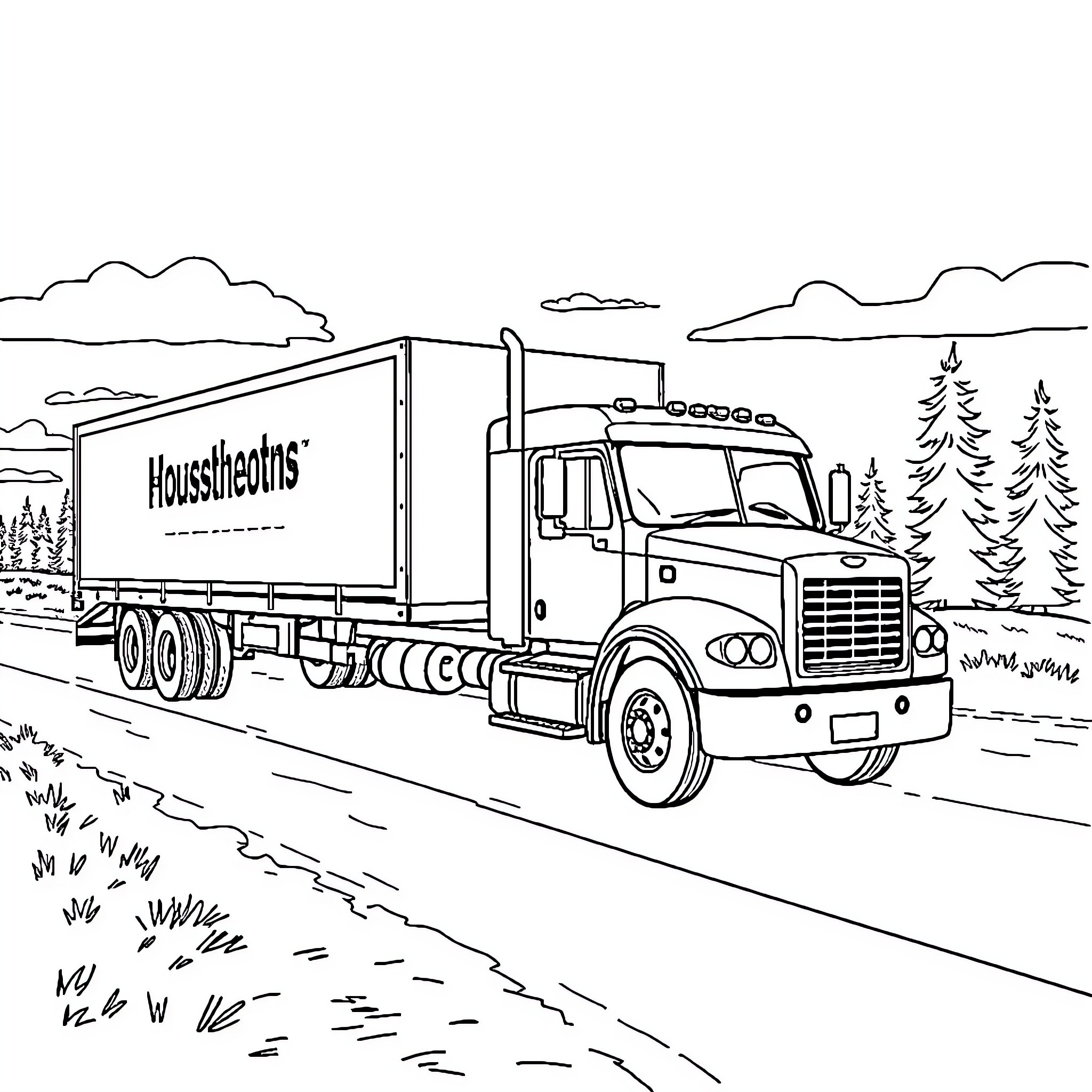Household Goods Delivery Truck on Rural Road Coloring Page (free black-and-white line drawing printable PDF for all, from beginners to advanced learners, including children, teens, adults, and seniors)