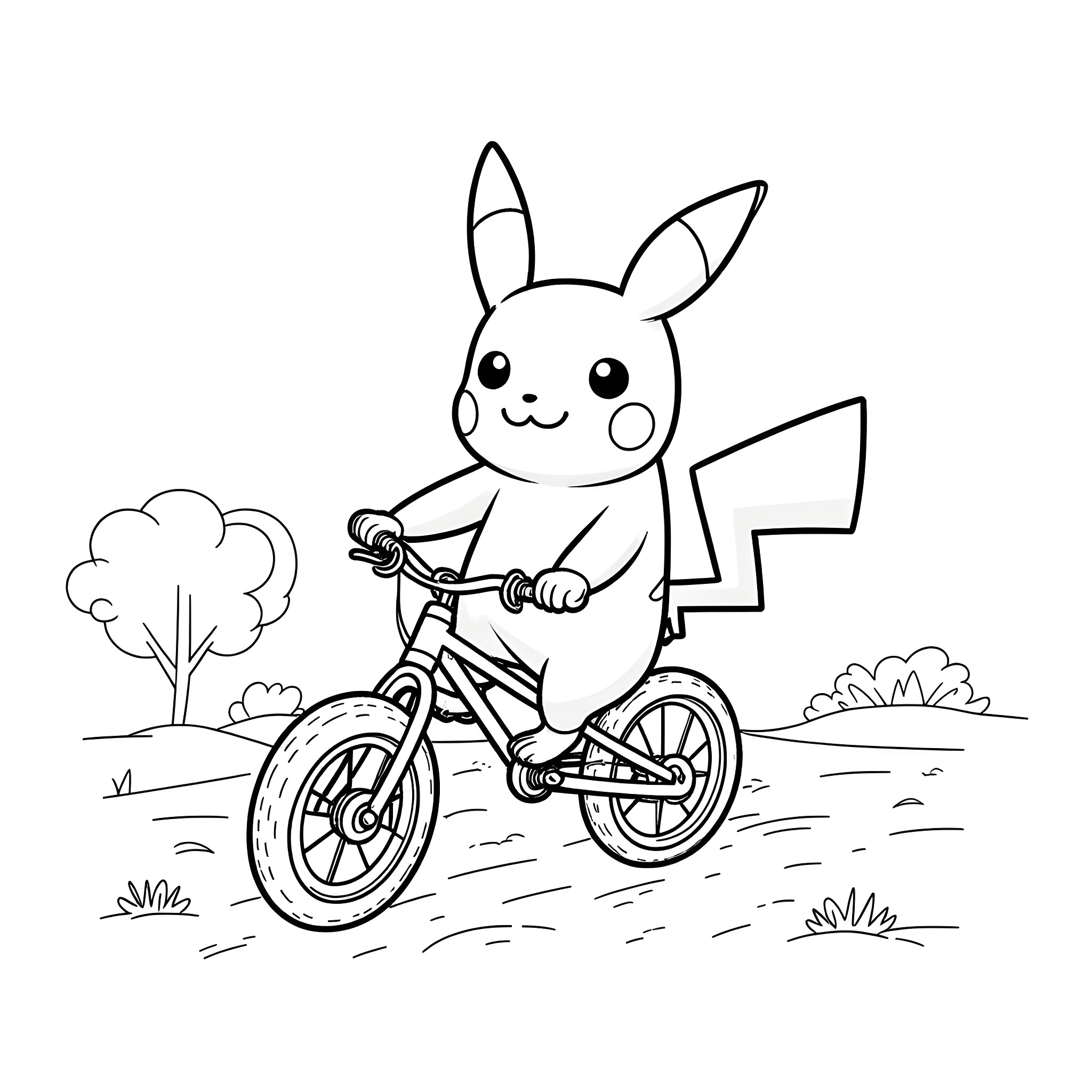 Pikachu riding a bicycle in the park Coloring Page (free black-and-white line drawing printable PDF for all, from beginners to advanced learners, including children, teens, adults, and seniors)